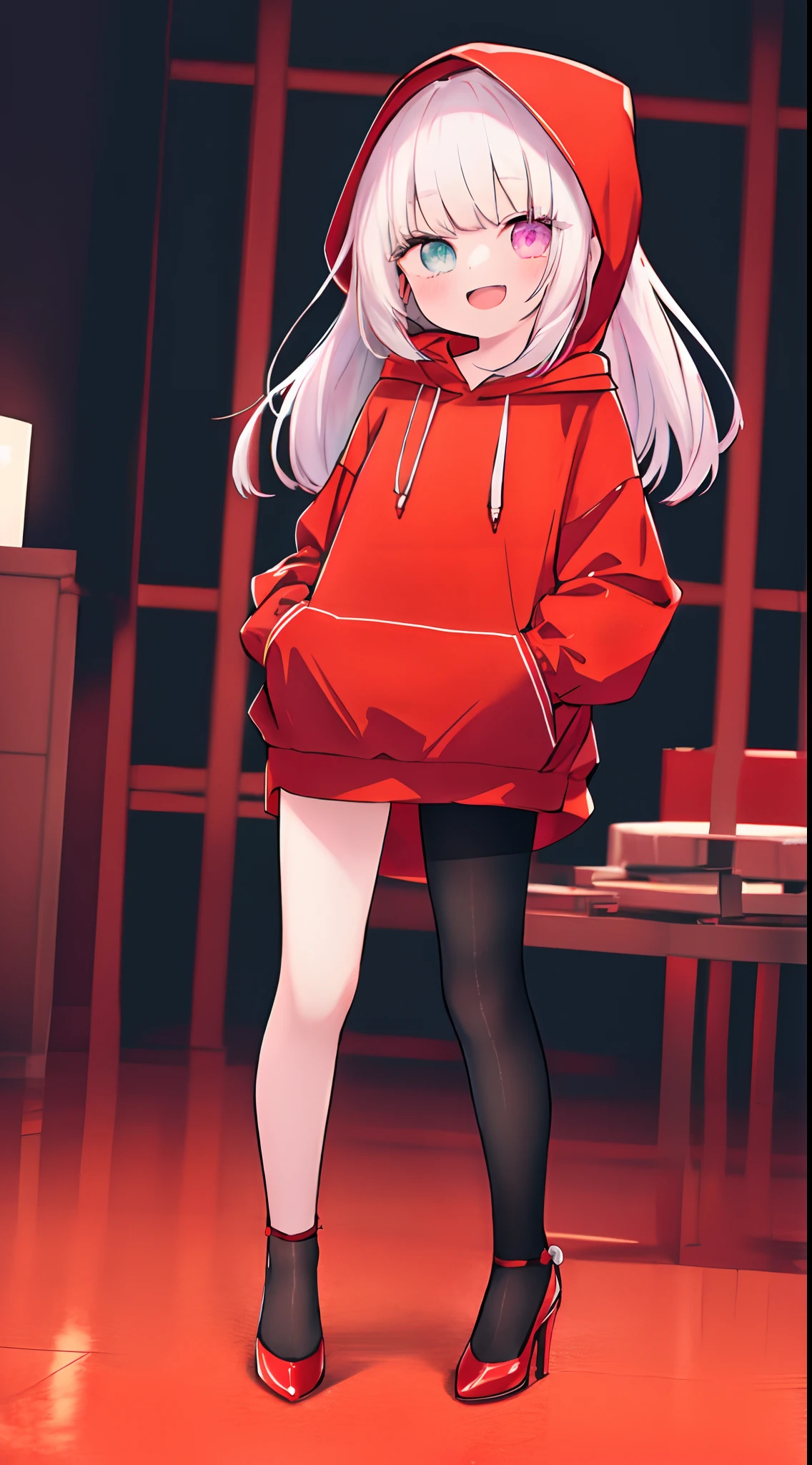 1girll, Solo, whaite hair, heterochromatic eyes, Long hair, tie up,a ball head,shirt, Open mouth, Smile, red colour,Wear a red hooded sweatshirt,Red tight dress,Hood, Jacket, view the viewer, kazami yuuka, Long sleeves, bangs,shorter pants,lacepantyhose,Hand in pocket,high-heels,Full body photo