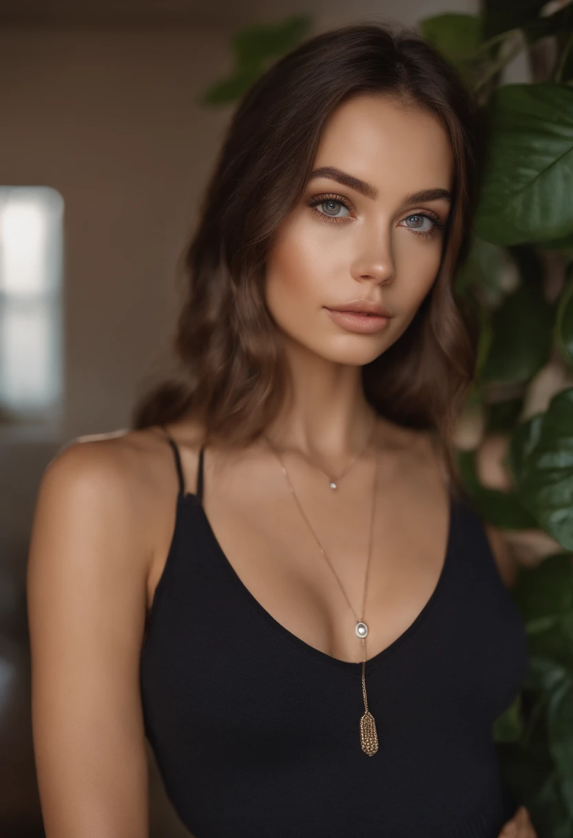 arafed woman with a white tank top and a necklace, sexy girl with green eyes, portrait sophie mudd, brown hair and large eyes, selfie of a young woman, bedroom eyes, violet myers, without makeup, natural makeup, looking directly at the camera, face with artgram, subtle makeup, stunning full body shot, piercing green eyes,completely naked show her