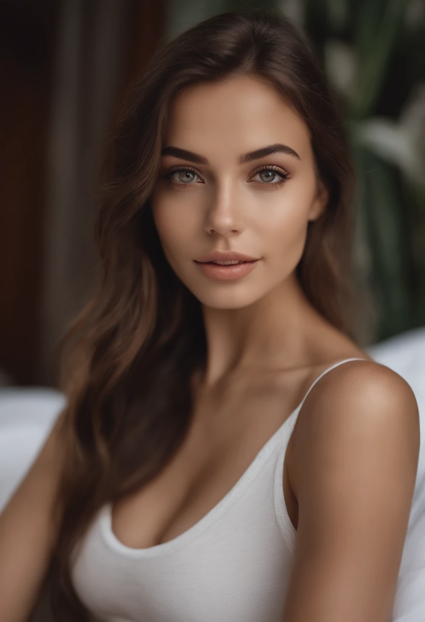 Alafed woman with white tank top and necklace, Sexy girl with brown eyes, Portrait Sophie Mudd, brown hair and large eyes, selfie of a young woman, bedroom eyes, Violet Myers, without makeup, big boobs Natural makeup, Looking directly at the camera, face with artgram, subtle makeup, Stunning full-body shots, Thai