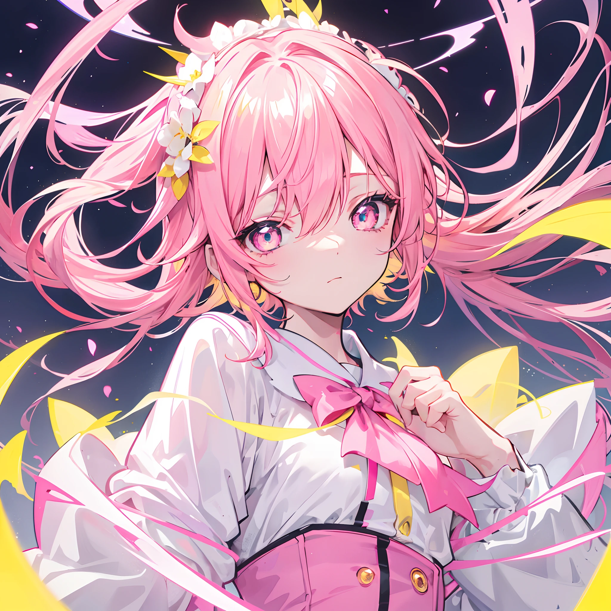 Glowing light pink yellow with hair and pupils,They are also fluorescent,A school uniform in a glowing pink, yellow and white color,Very tender and shiny face,It also fluoresces,The whole is shining,It's a sweet loli girl