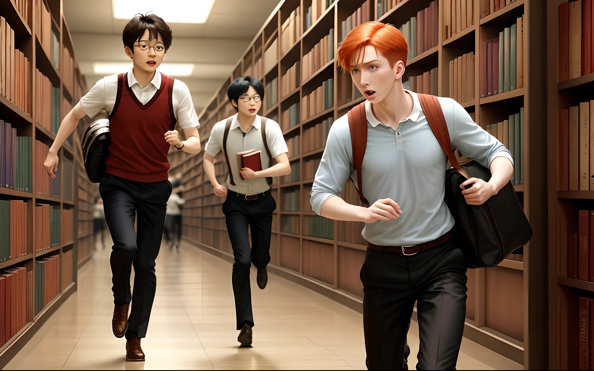 Fred Weasley, George Weasley, Jordan Lee, and Cho Chang running from a Librarian together
