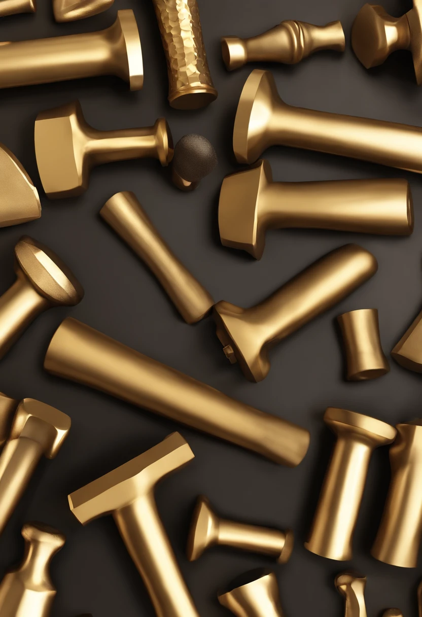 hammers，metalictexture，A hammer with a sense of luster，Weapon hammer，Horizontal layout，A high resolution，best qualtiy，ultra - detailed，dynamic angle，afloat，vivd colour，火焰，achievement，Domineering，murderous，fall，Shock force，golden colored，strength