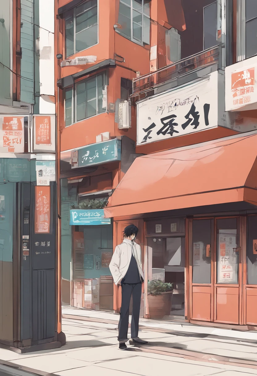 anime - style painting of a man standing in front of a store, concept art by Kamagurka, pixiv, realism, tokyo anime scene, japanese street, anime background art, japanese downtown, detailed scenery —width 672, anime style cityscape, japanese city, anime scenery concept art, tokyo street background, realistic anime 3 d style