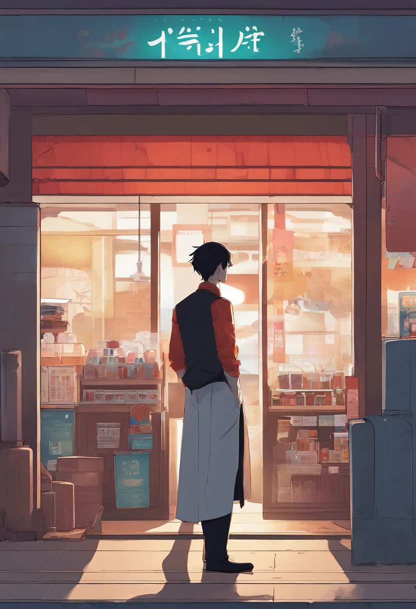 anime - style painting of a man standing in front of a store, concept art by Kamagurka, pixiv, realism, tokyo anime scene, japanese street, anime background art, japanese downtown, detailed scenery —width 672, anime style cityscape, japanese city, anime scenery concept art, tokyo street background, realistic anime 3 d style