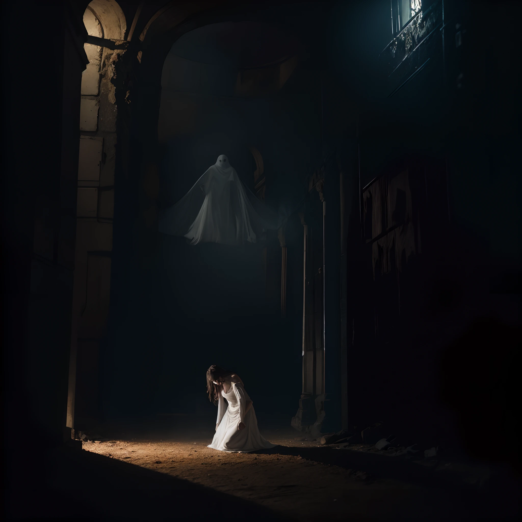 horror art, dread, Best quality, masterpiece, ultra high res, (photorealistic:1.4), gopro, Action shot of a terrifying ghost beaten by the viewer, kneeling, begging for mercy, (in arena), creepy, white dress, unnerving, unsettling, terrifying, 80mm, horror lighting, dynamic action