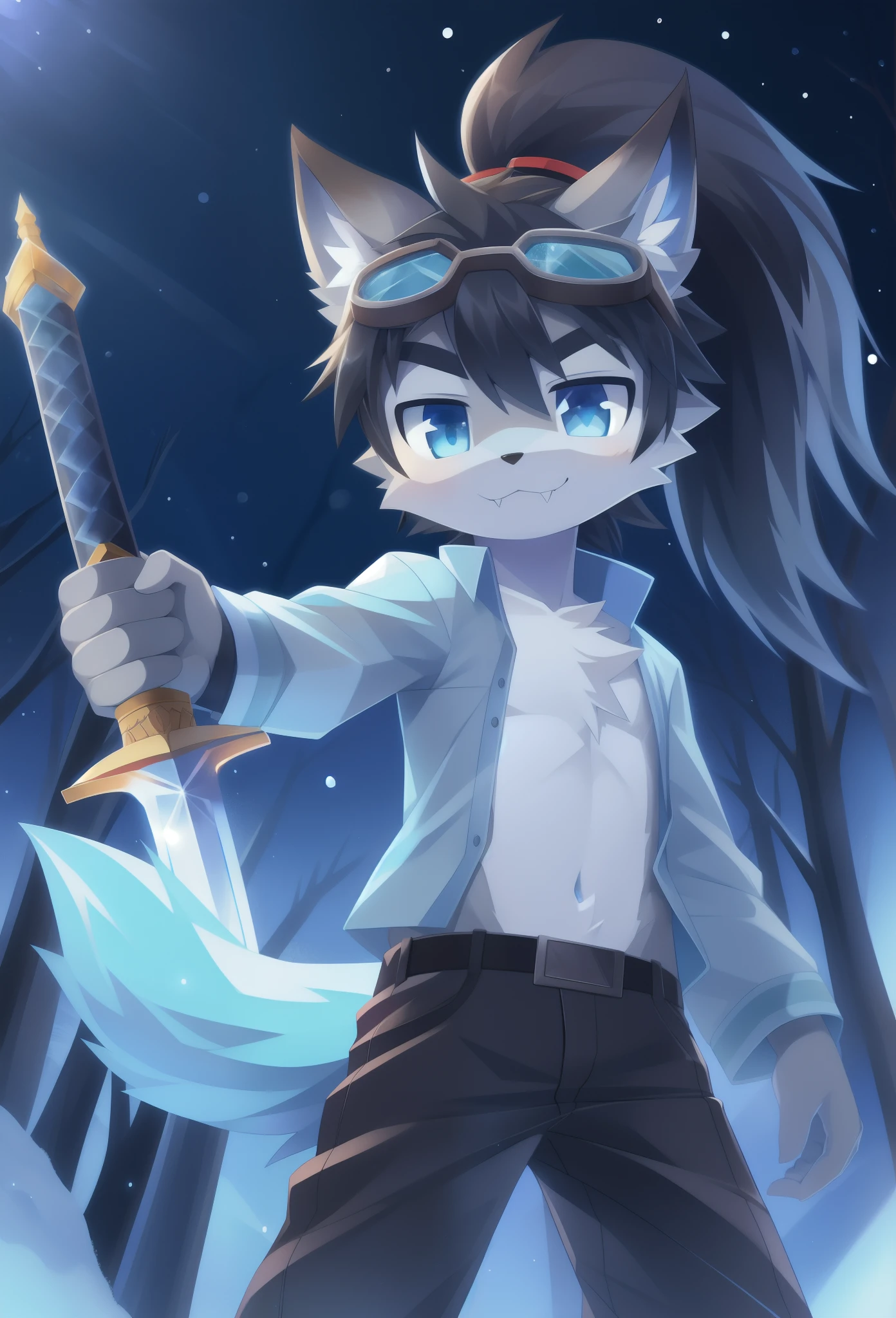Furry shota, Young, wolf, black hair, long spiky ponytail, blue eyes, detailed body fur, blue hawaiian shirt, open clothes, black trunks, goggles, masterpiece, looking at you, fangs, clear grey body fur, detailed face, big eyebrows, detailed eyes, detailed body, detailed body fur, detailed hands, flat body, glistering body, shiny body, skinny, winter forest, clear sky, sassy face, :3, ice magic arm, sword ice arm, ice magic particles,