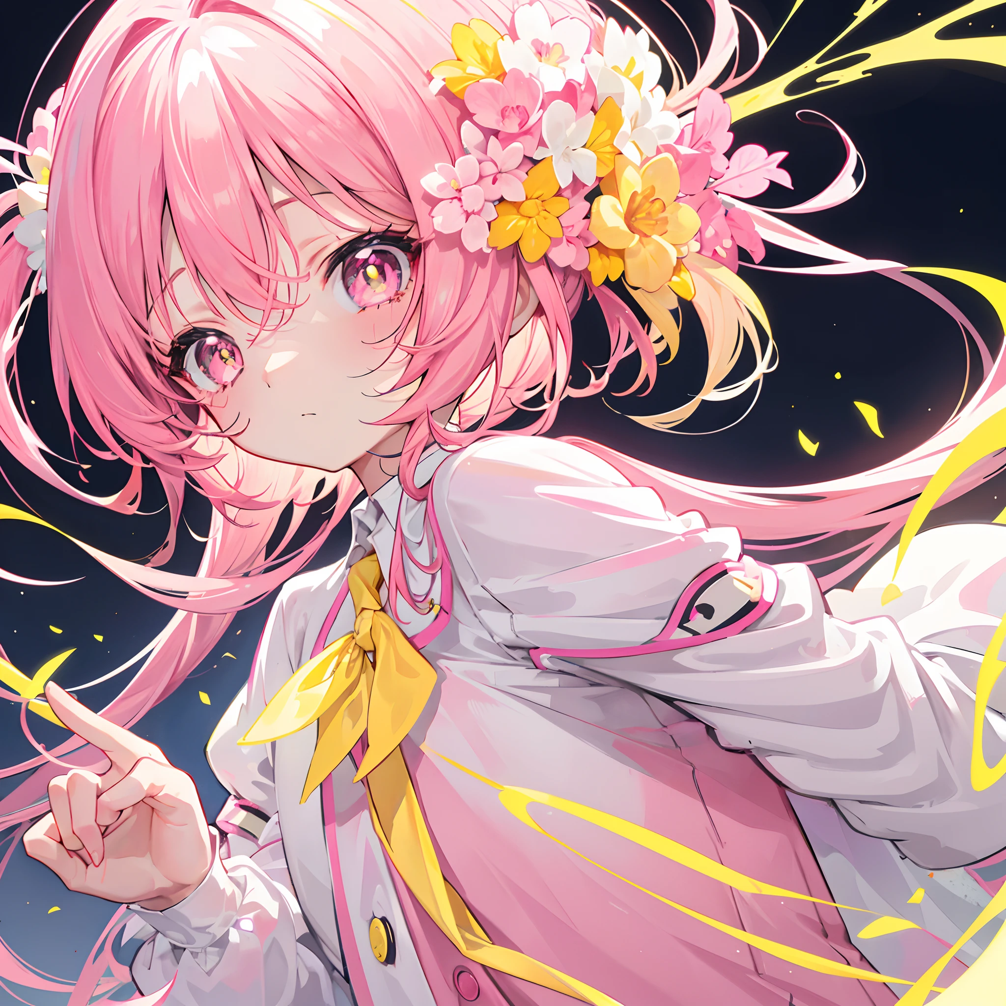 Glowing light pink yellow with hair and pupils,They are also fluorescent,A school uniform in a glowing pink, yellow and white color,Very tender and shiny face,It also fluoresces,The whole is shining,It's a sweet li girl