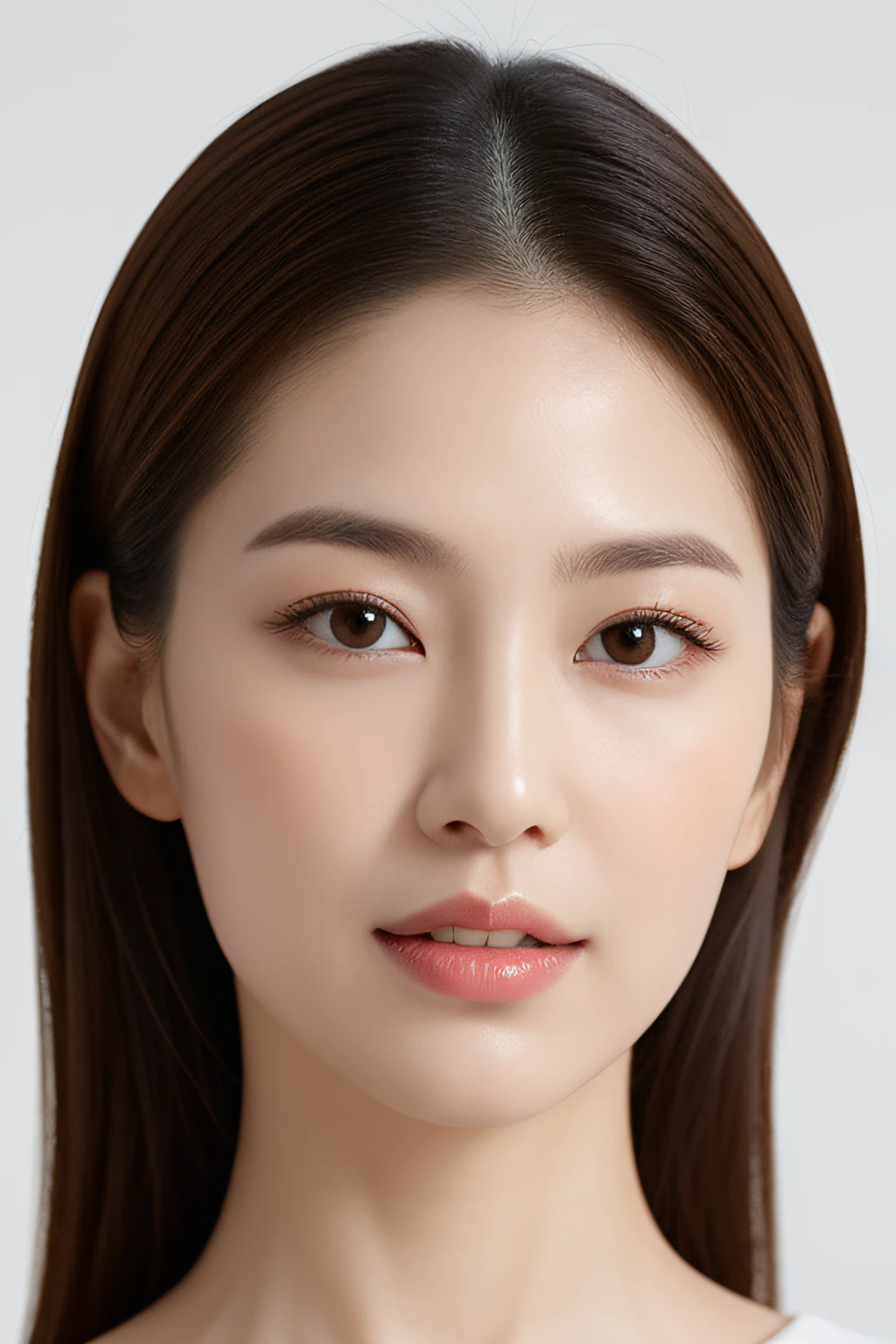 Featuring confident and radiant women, Generate AI art inspired by Korean cosmetics ads. Shown to chest level, Show off her flawless skin, Lively makeup, Focus on stylish hairstyles, Capture the essence of Korean beauty. Isolated from natural white background, Reflect beauty and fashion trends, Alfed Asian woman, Look at me diagonally, Skincare brand photos, Milky white skin, shiny skin,softness, Clean face and body skin, Radiant skin, Fan art, Yora, Foaming skin, beauty campaign, Official Product Pictures, Portrait shooting, yangjun chen, Beautiful face in white tones, Ethereal complexion(Close-up of the face:1.5)