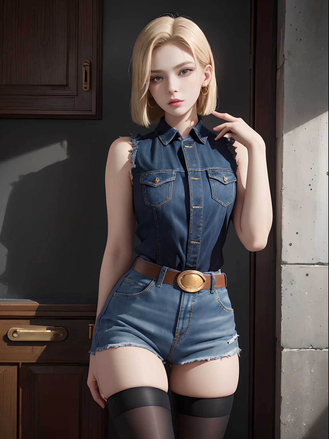 (Masterpiece, Best quality), 1girll, Beautiful face, Beautiful body,  Android18, Earrings, Denim, belt，blackstockings