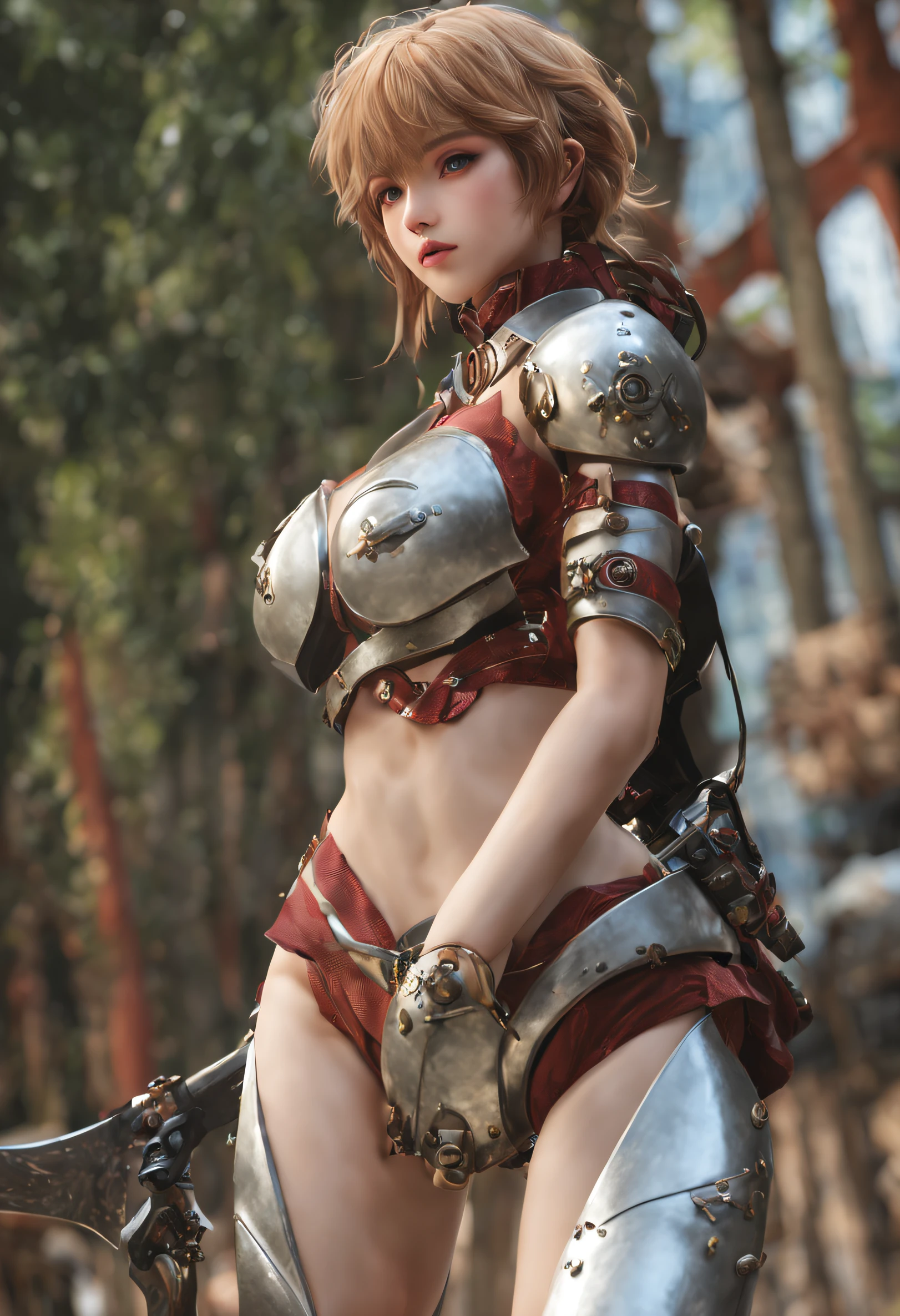 (in 8K、top-quality、​masterpiece:1.2)、(reallistic、Photorealsitic:1.37)、The ultra-detailliert、Women in Their 20s、meaty、bikini-armor、Bullish personality、cool expression、cute little、Large hollow hanging eyes、(bobhair)、Thicker thighs、Condescending