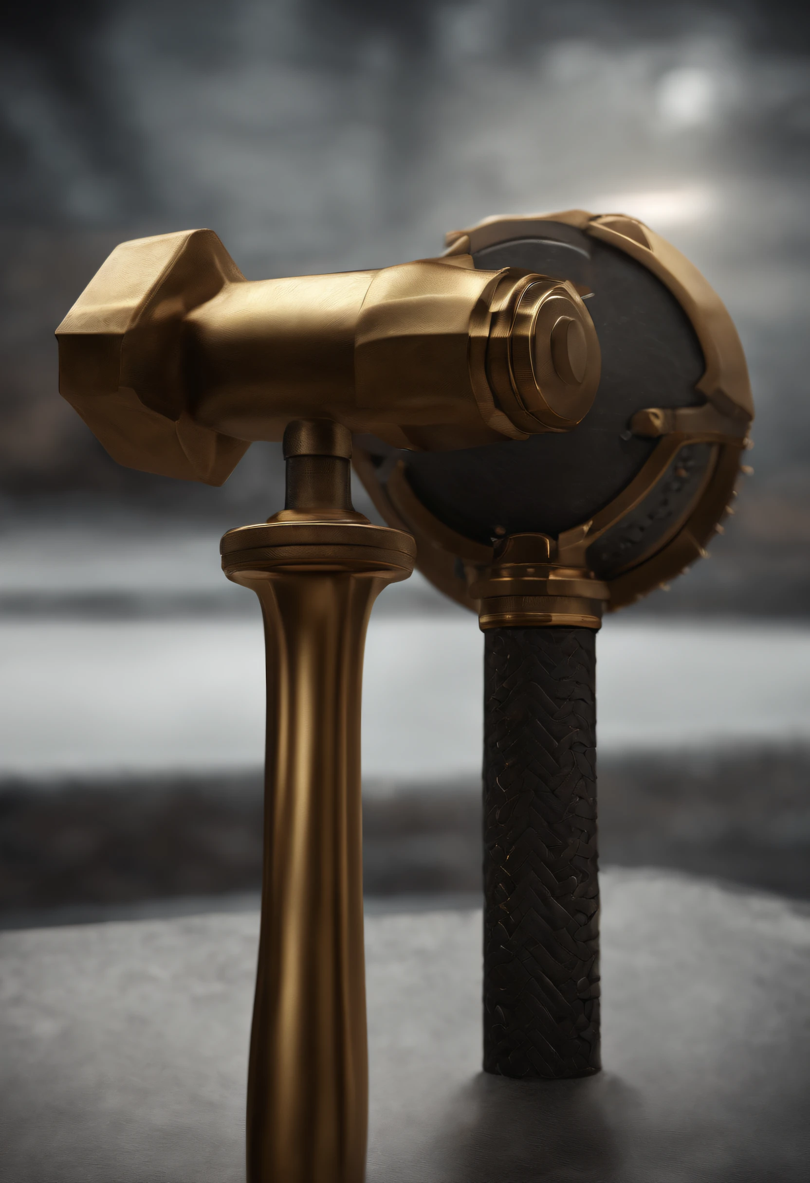 hammers，metalictexture，A hammer with a sense of luster，Weapon hammer，Horizontal layout，A high resolution，best qualtiy，ultra - detailed，dynamic angle，afloat，vivd colour，火焰，achievement，Domineering，murderous，fall，Shock force，golden colored，strength