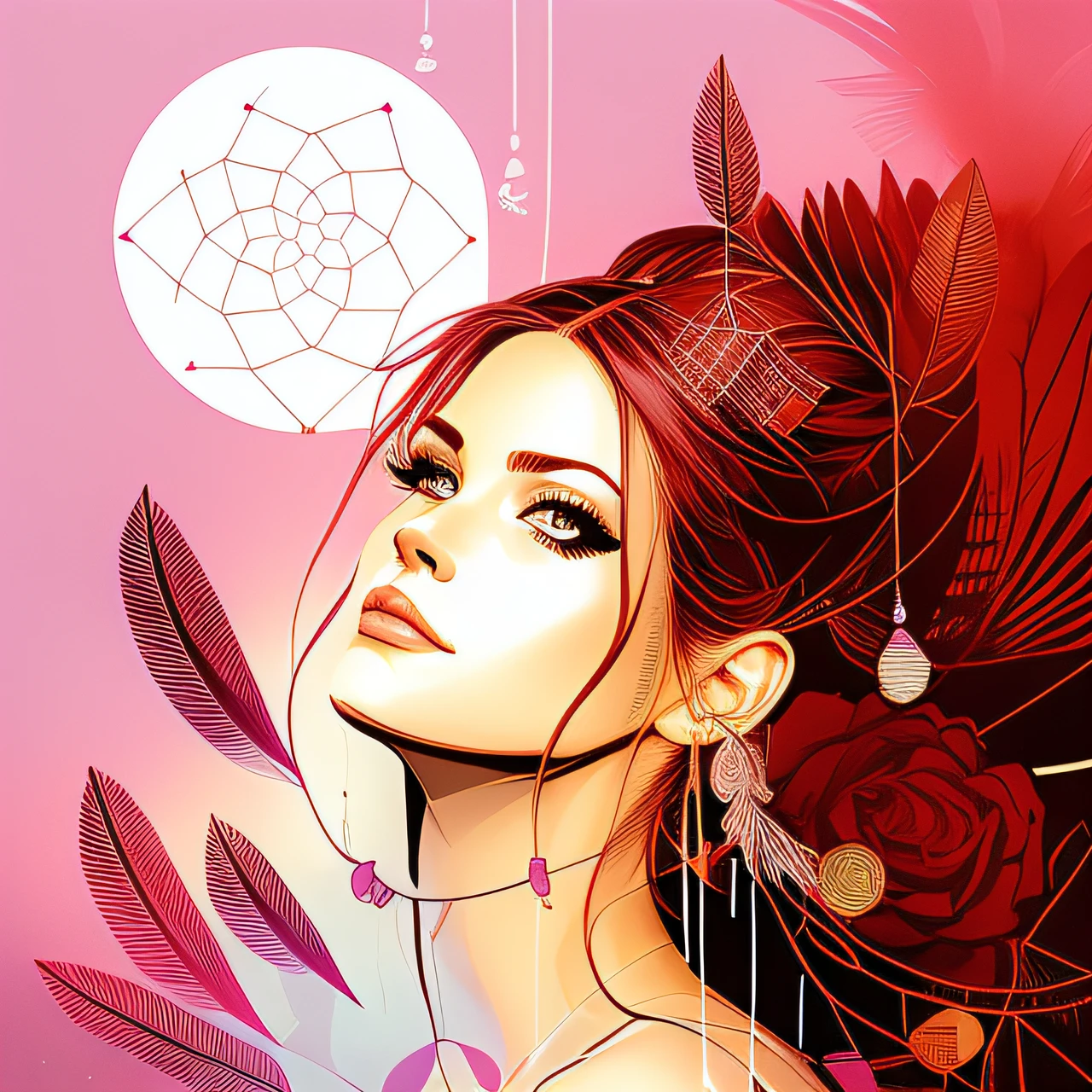 Illustration of a woman with a dream catcher and birds in her hair, Jen Bartel, von Tim Bishop, im Stil der digitalen Illustration, a beautiful artwork illustration, There are birds on her head, Adobe Illustrator-Kunst, von Eddie Mendoza, Im Stil von Laurie Greasley, von Galen Dara, Illustrationskunst, Brittney Lee, Hochdetaillierte Vektorgrafiken schamistescher flair