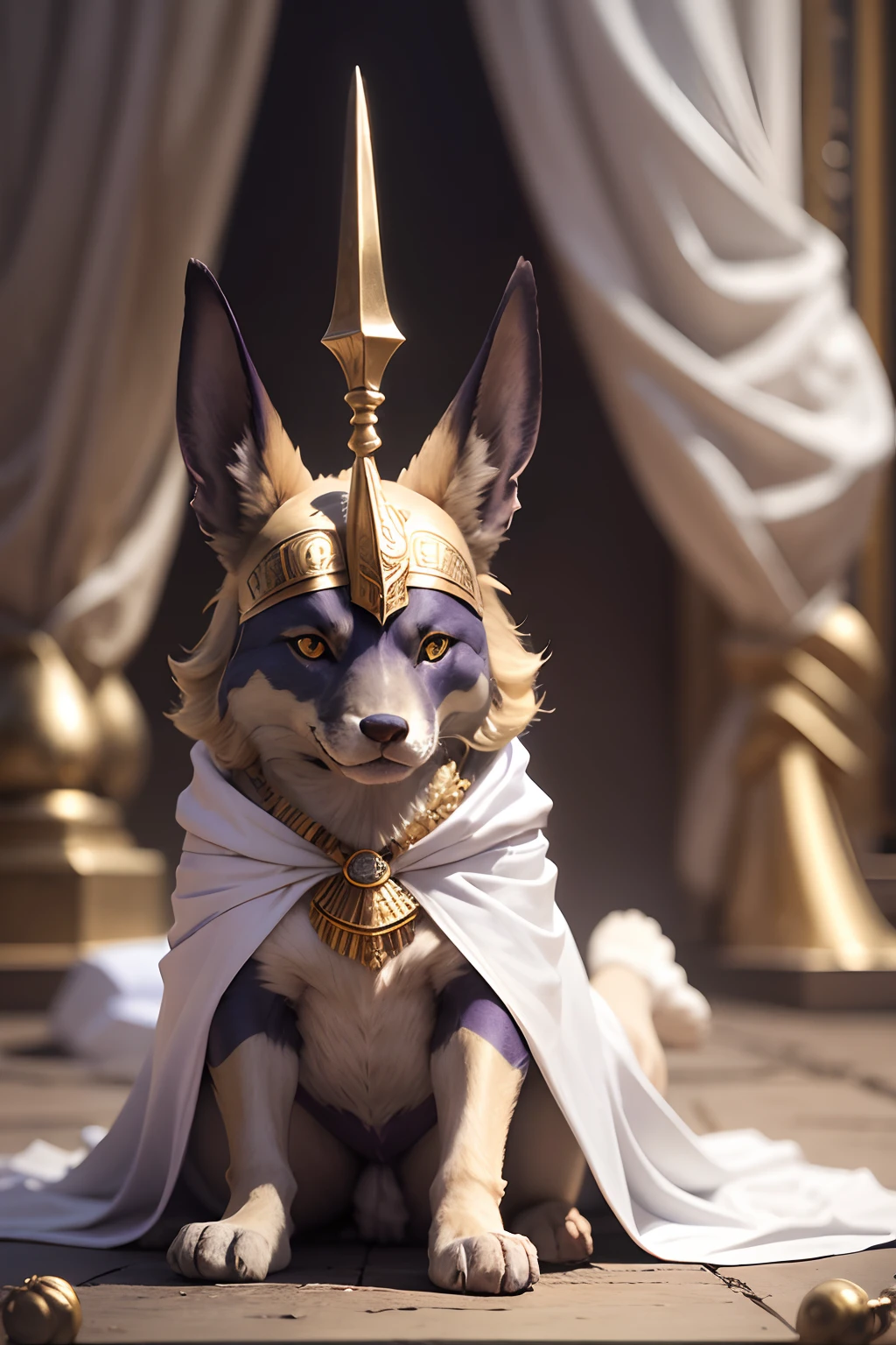 feral, a (((feral))) jackal, female, solo, full body, blond hair, servant of the god Anubis, white robes,no panties, pussy, pussy focus, ass to the viewer, all fours position, (((three quarter view from behind))), night time, masterpiece, best quality, highres, high resolution, perfect face, perfect eyes, detailed, shaded, 4k, 2k, depth of field