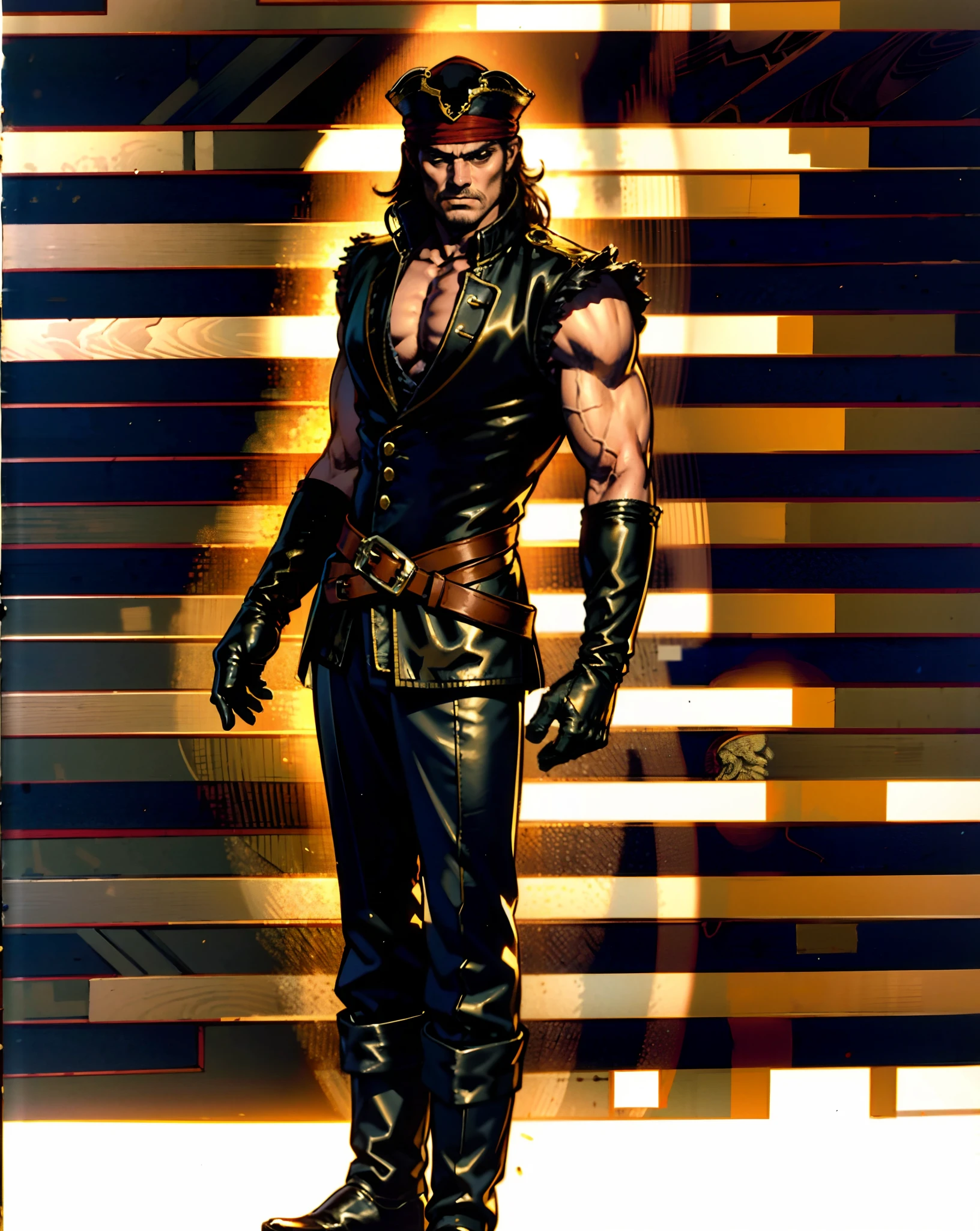 A middle-aged man with long black hair, medium length hair, wears a small round felt hat on his head, he has a cunning and sharp gaze, a beard, a tall and imposing figure, a fantasy-style pirate coat, sleeveless, exquisite stripes, a large skull pattern, has a golden sash around his waist, a leather belt with bone decorations, long gloves with metal ornaments, two-tone utility pants, knee-high leather boots, primarily in shades of black, accented by touches of red and yellow, he stands proudly at the bow of a massive pirate ship, this character embodies a finely crafted fantasy-style pirate in anime style, characterized by an exquisite and mature manga illustration art style, high definition, best quality, highres, ultra-detailed, ultra-fine painting, extremely delicate, professional, anatomically correct, symmetrical face, extremely detailed eyes and face, high quality eyes, creativity, RAW photo, UHD, 8k, Natural light, cinematic lighting, masterpiece:1.5