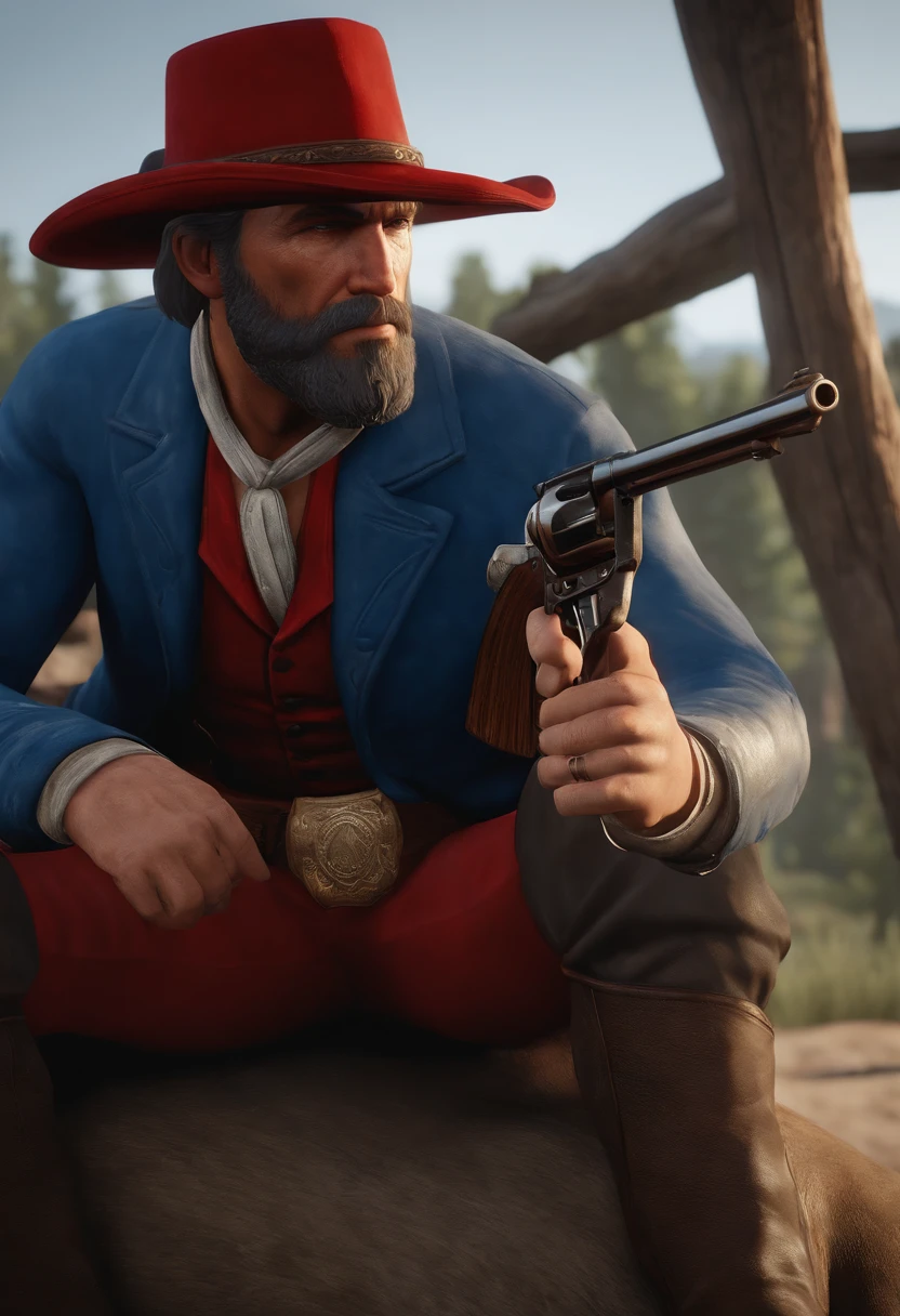 arafed man with a hat and a gun in a room, arthur morgan, blue hair, blue beard, red dress, black hat,in red dead redemption 2, [ red dead ], jesse mccree, in red dead redemntion 2,blue hair, blue beard, red dress, black hat, red dead redemption2, red dead redemption 2, 🤠 using a 🖥, rdr 2 mod, trump in rdr2, dead redemption, rdr2, red dead redemption, blue hair, blue beard, red dress, black hat