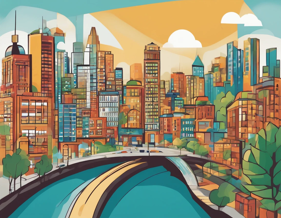 It features a simple Minimal illustration pop art map Three-dimensional staind glass style dense lines Hideto Suzuki Style Town Cityscape trafic infrastructure Modern Pop&Lively and fun cityscape Happy florals a plant The tree simplification It features a simple colourfull vector illustrations Flat illustration Minimal illustrations Fantasia Parti Illustration to use for calendar Spring image cubism