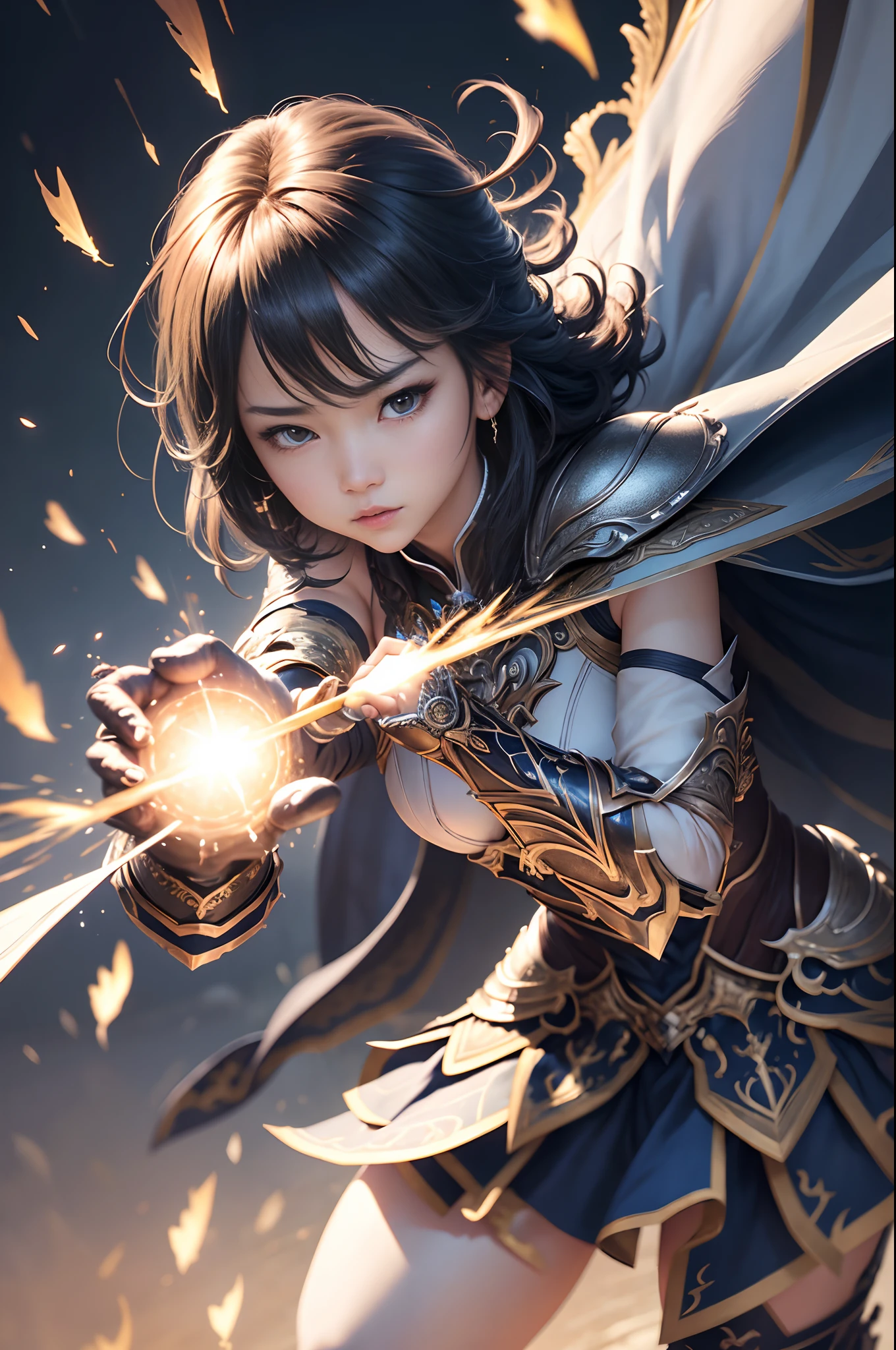 8k、ultra-detailliert、​masterpiece、top-quality、(ighly detailed)、dynamic ungle、Mystical expression、Wind-effect、Fantasy Background、Rim Lighting、Cinematic light、超A high resolution、8k UHD、film grains、Best Shadows、sensitive、Unripe、Particles of light、detailed skin textures、detailed armor texture、A detailed face、intricate-detail、ultra-detailliert、with light glowing、strong con、Silver armor、(holding weapon)、Slashing、slash action、pauldron、radiant eyes、 Long cape、Fantasia、(realisticlying)、shoulder armer、Convoluted、Convoluted、Perfect litthing、Look at viewers、电影灯光、flying though the air、splatters、Holy Light、Brilliant、bangss、Windy,