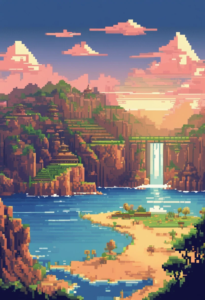 Pixel art tourist destination landscape. Evening. 3d pixel art 4k wallpaper. Incredible pixel art details. Pixel art. Steam waves. Detailed unreal engine pixel art