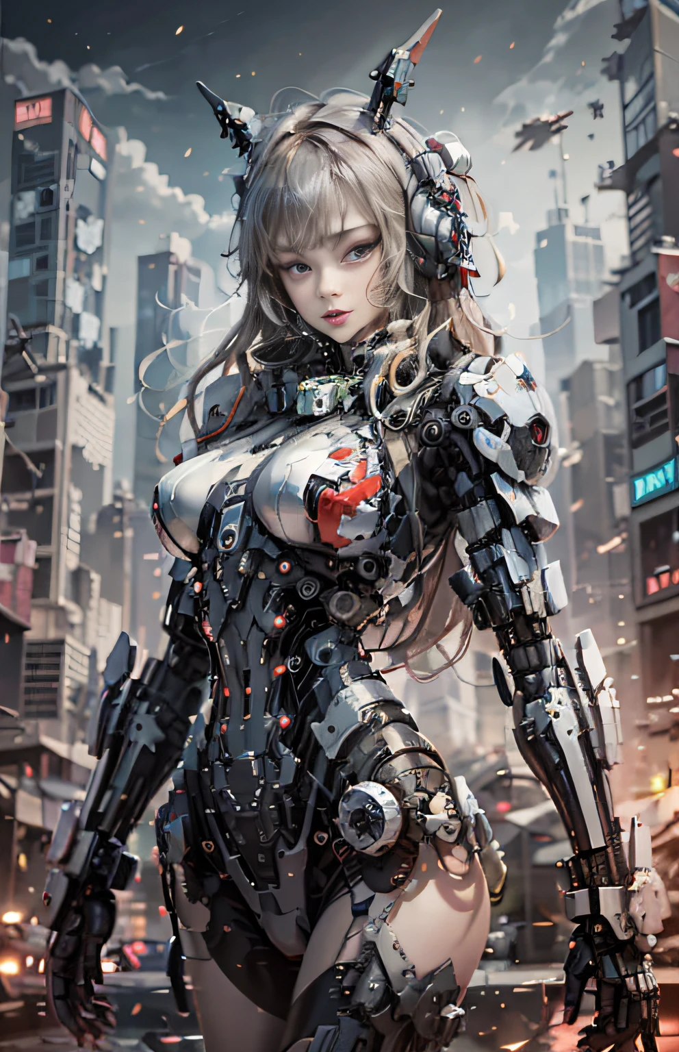 This is a hyper-detail、High resolution and top quality CG Unity 8k wallpaper，The style is a sci-fi cyberpunk background high-rise，Mainly black and red。In the picture, A mechanical girl with long blonde hair，Delicate beautiful girl face，Arms and bodies are mechanical parts，She stands sideways alone in the middle of a sci-fi city