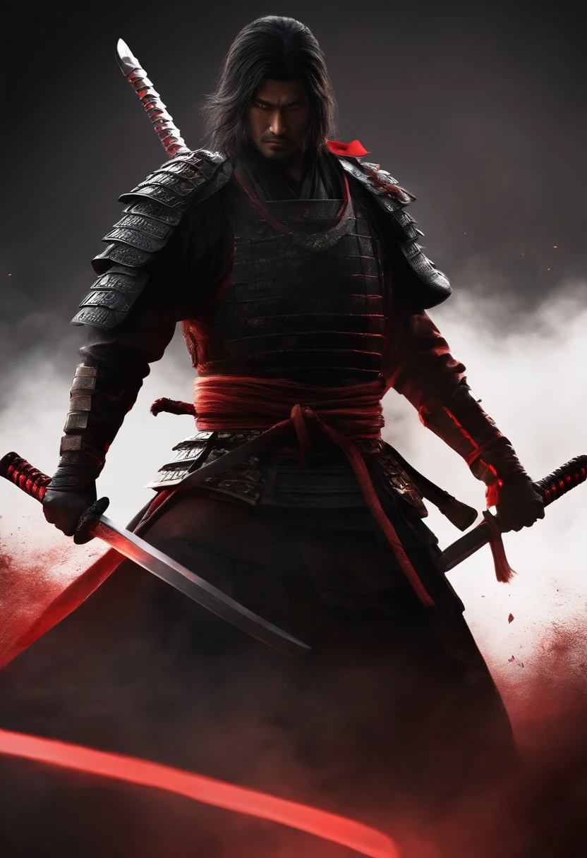Samurai in dark clothes, Theft of components, The sword glows red, side-by-side, deep dark background, realisticlying,