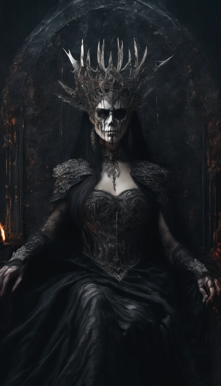 Hela, goddess of death, Norse mythology, Scarlet Witch with a crown of several blades on her head, Skeleton necklace, Wearing a dress made of skull and blade, Guvez style art, Ross Tran 8 K, Beautiful queen fantasy, 8k high-quality detailed art, Highly Detailed 4K Digital Art, Portrait of the Dark Queen, Wield multiple sharp swords, Background of ashes and fire, Small dots of hot embers in the background, Dress consisting of a skull and a blade,