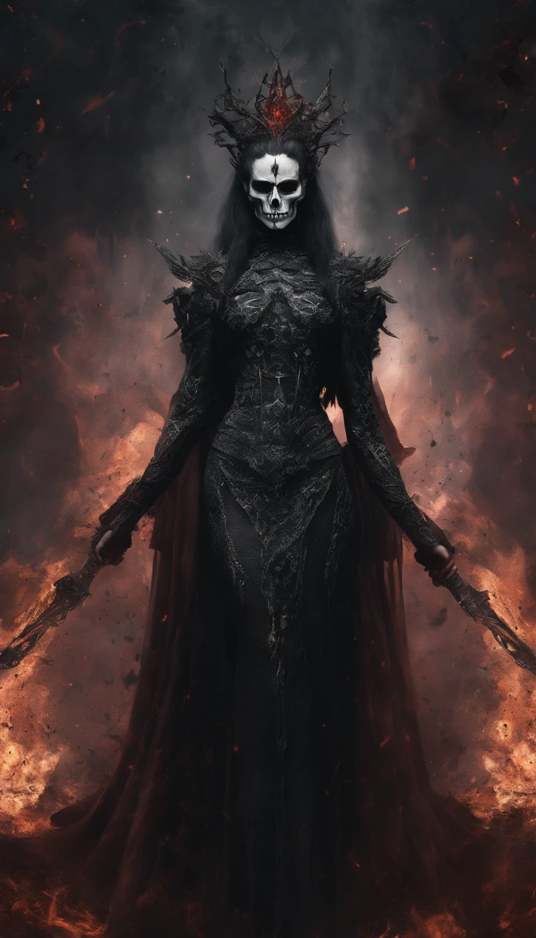 Hela, goddess of death, Norse mythology, Scarlet Witch with a crown of several blades on her head, Skeleton necklace, Wearing a dress made of skull and blade, Guvez style art, Ross Tran 8 K, Beautiful queen fantasy, 8k high-quality detailed art, Highly Detailed 4K Digital Art, Portrait of the Dark Queen, Wield multiple sharp swords, Background of ashes and fire, Small dots of hot embers in the background, Dress consisting of a skull and a blade,