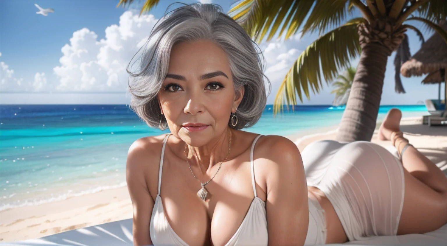 portrait of a 75-year-old woman with gray hair, seductive gaze,a bunch of grey hair on top, brown eyes, a lot of wrinkles on her face, detailed wrinkles (8K, high resolution、The ultra -The high-definition、An ultra-high picture quality、Ultrarealistic、Best Quality)(small chest) clearly visible pubic shape, proper eye position, soft light, hips, detailed color graded background, intricate, highly detail, octane render, HD, 8k, staying at beautiful villa on an island, outside the window palm trees and ocean in the background, sandy beach, tropics, sunny weather, light summer dress with a pronounced neckline, small breasts, translucent dress, clear background, detailed background, ray traycing, soft shadows