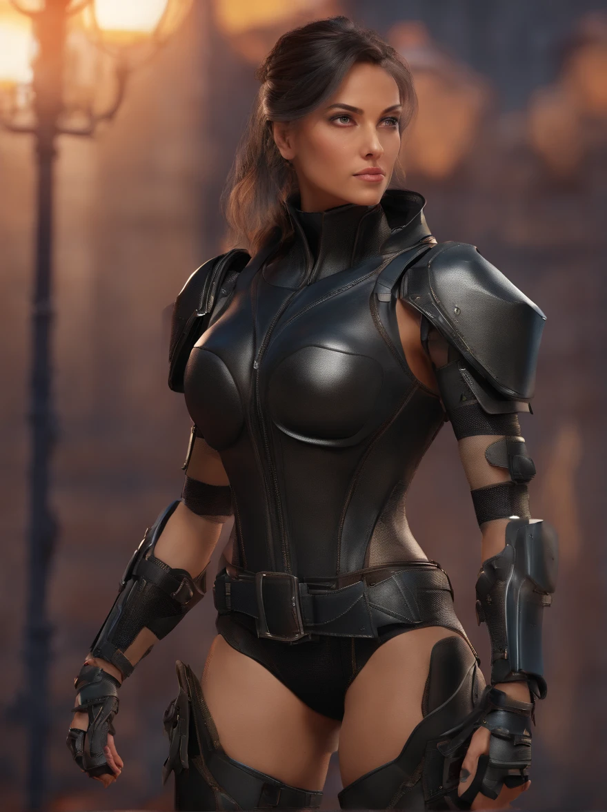 full body (dark evil) 2 defiant-looking superheroines in black leather body armor