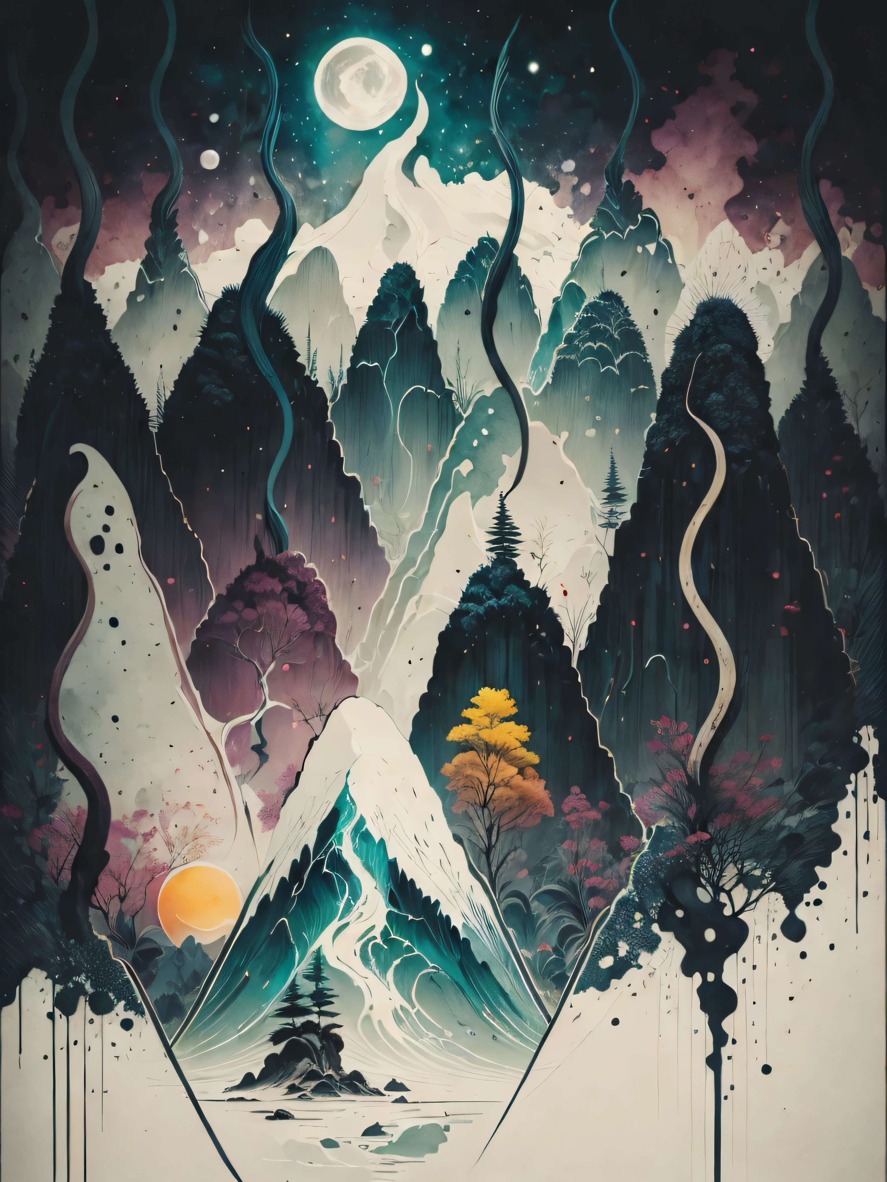 Painting a tree on top of a mountain, Surrealist illustration, Arte oscuro surrealista, Surrealismo pop Lowbrow Art Style, Arte lowbrow, atardecer, luna