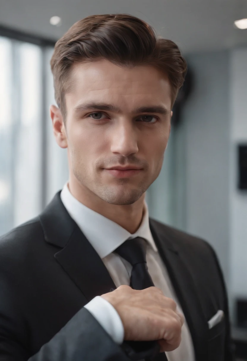 Photography 4K , a Male Man Masculine Standing in his office Flexing in his Black Suit