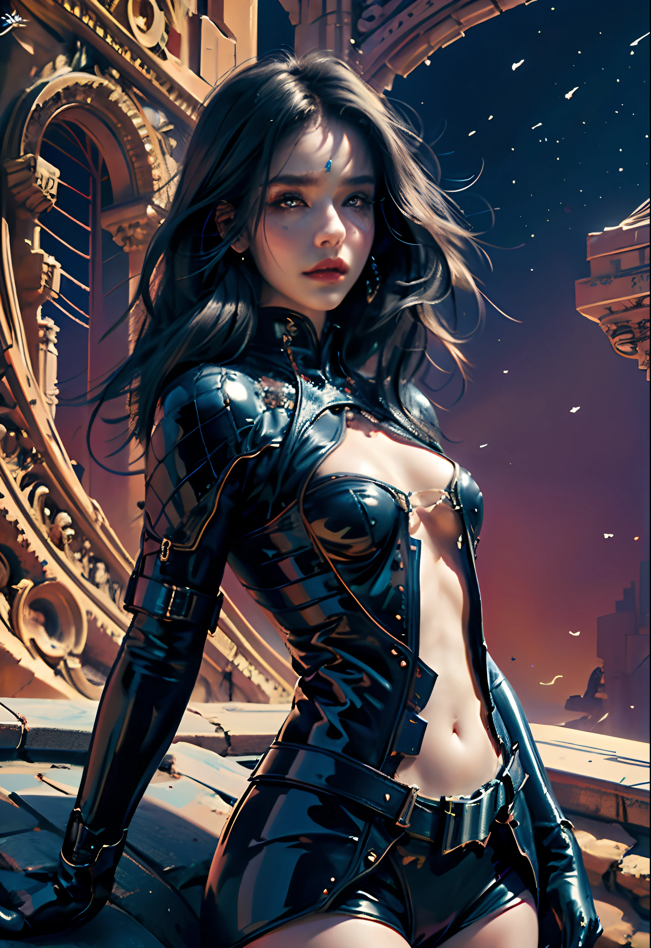 (masterpiece, top quality, best quality, official art, beautiful and aesthetic:1.2), (1girl), extreme detailed,(fractal art:1.3),colorful,highest detailed, black hair, blue eyes, fair skin, latex, leather