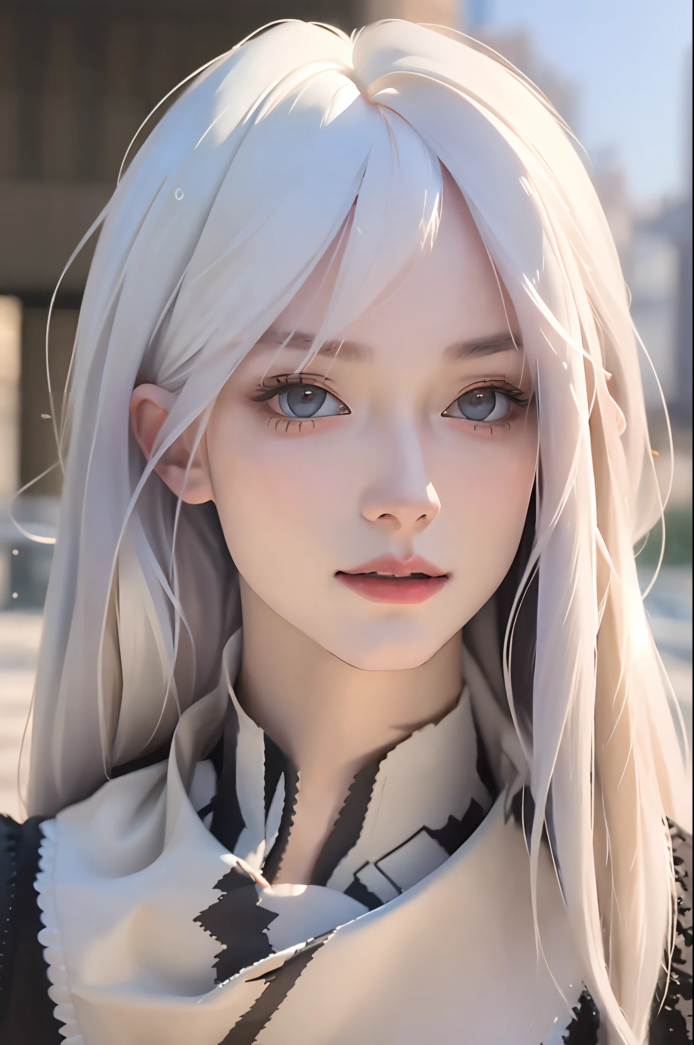 top-quality,8k,tmasterpiece,Beautuful Women,Slender abs,white color hair,Super detailed face,Highly Detailed Lips,Detailed eyes,二重まぶた,Surrealist portraits of women by David Hockney and Alphonse Mucha