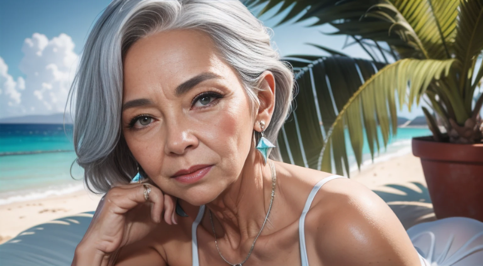 portrait of a 75-year-old woman with gray hair, seductive gaze,a bunch of grey hair on top, brown eyes, a lot of wrinkles on her face, detailed wrinkles (8K, high resolution、The ultra -The high-definition、An ultra-high picture quality、Ultrarealistic、Best Quality)(small chest) clearly visible pubic shape, proper eye position, soft light, hips, detailed color graded background, intricate, highly detail, octane render, HD, 8k, staying at beautiful villa on an island, outside the window palm trees and ocean in the background, sandy beach, tropics, sunny weather, light summer dress with a pronounced neckline, small breasts, translucent dress, clear background, detailed background, ray traycing, soft shadows