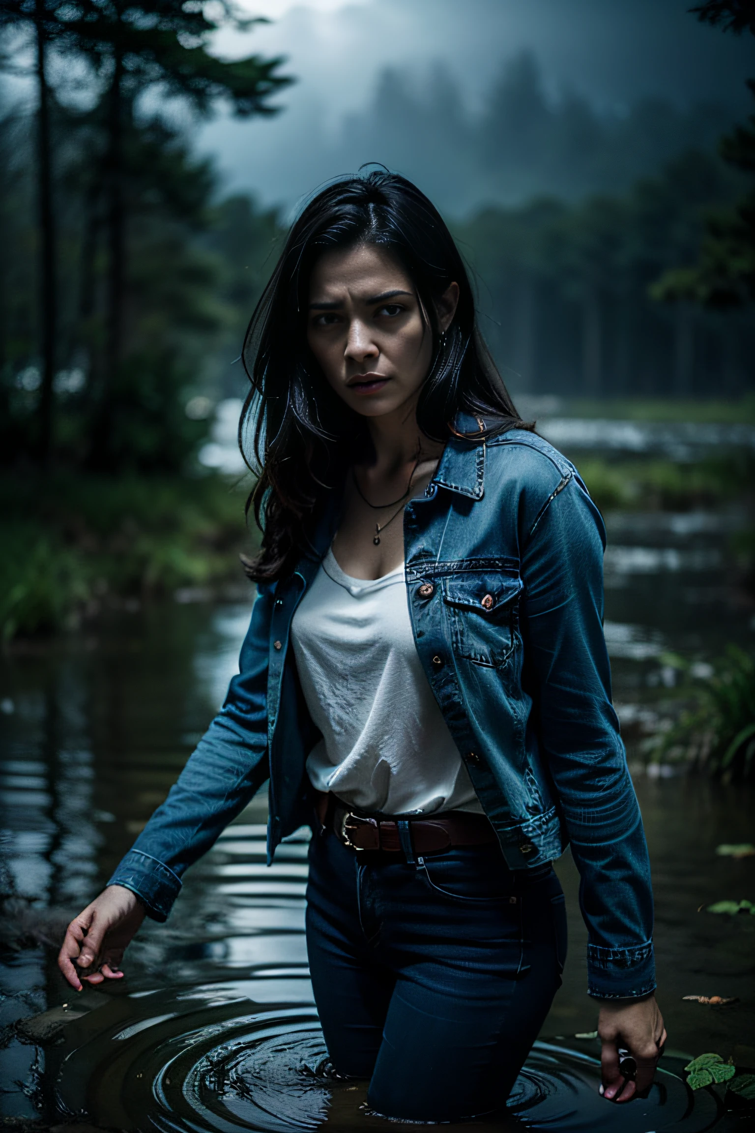 Molestation, Woman in jeans and blouse, drowning in a swamp, The Last Moments Before Death, Dynamic frame, Pronounced wrinkles, gloomy atmosphere, realistic style, dramatic lighting, exquisite details, Tangled vegetation, cloudy water, disappointed expression on his face, despair, Suffocating, Ripples on the surface, ominous shadows,