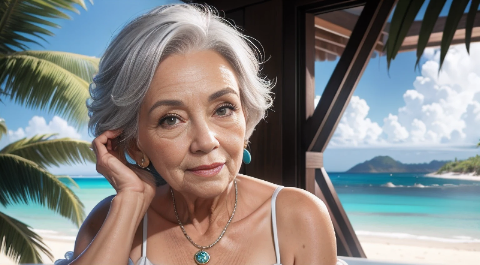 portrait of a 65-year-old woman with gray hair, seductive gaze, long gray hair, brown eyes, a lot of wrinkles on her face, old woman, detailed wrinkles (8K, high resolution、The ultra -The high-definition、staying on a premium yacht, An ultra-high picture quality、Ultrarealistic、Best Quality、masuter piece:1.2)(medium chest、Large cleavage:1.2)(medium breasts are exposed、(Old women in Europe) transparent blue tunic dress, clearly visible pubic shape, partially visible breasts, proper eye position,cinematic light, , soft light, hips, night time, soft moonlight, detailed color graded background, intricate, highly detail, 8k, bondi beach background, beautiful beach background