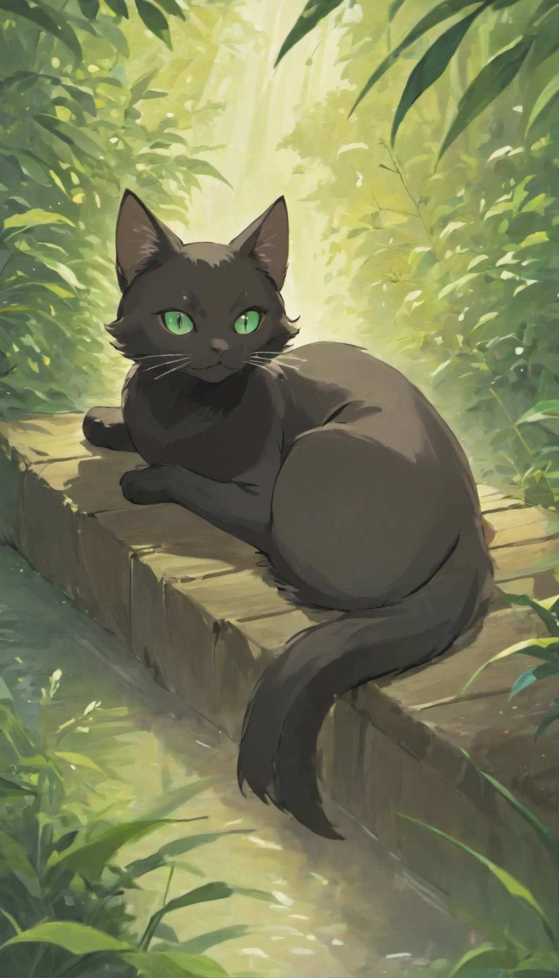 Idyllic masterpiece of a sleek black cat with vivid green eyes lounging on a sofa overlooking a lush mountainous landscape. Its inky fur blends into the leather furniture, fluffy tail curled around its relaxed body. Eyes half-closed in contentment as a warm breeze ruffles whiskers overlooking the rolling green hills and forests below. Detailed textures in the cat's coat and the woven sofa cushions anchor the cat in the peaceful nature scene rendered in flawless 4K realism
