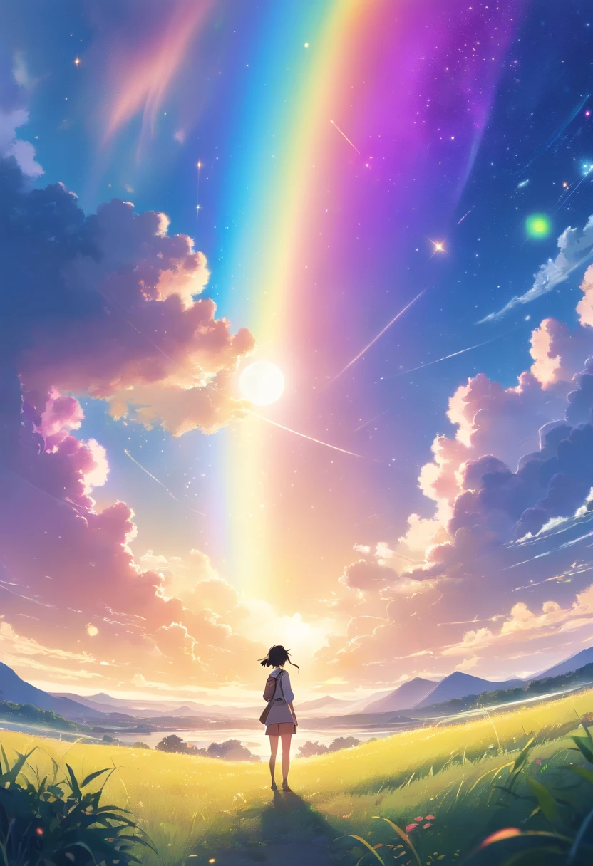 A wide landscape photo, (viewed from below, the sky is above, and the open field is below), a wolf sitting on grass field looking up, (full moon: 1.2), (meteor: 0.9), (nebula: 1.3), distant mountains , Trees BREAK Crafting Art, (Warm Light: 1.2), (Firefly: 1.2), Lights, Lots of Purple and Orange, Intricate Details, Volumetric Lighting BREAK (Masterpiece: 1.2), (Best Quality), 4k, Ultra Detailed, (Dynamic Composition: 1.4), Rich in Detail and Color, (Rainbow Color: 1.2), (Glow, Atmospheric Lighting), Dreamy, Magical, (Solo: 1.2)