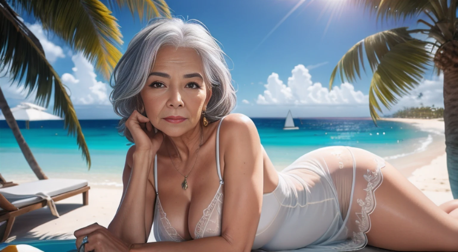 portrait of a 75-year-old woman with gray hair, seductive gaze,a bunch of grey hair on top, brown eyes, a lot of wrinkles on her face, detailed wrinkles (8K, high resolution、The ultra -The high-definition、An ultra-high picture quality、Ultrarealistic、Best Quality)(small chest) clearly visible pubic shape, proper eye position, soft light, hips, detailed color graded background, intricate, highly detail, octane render, HD, 8k, a house on the ocean shore, staying at beautiful villa on an island, outside the window palm trees and ocean in the background, sandy beach, tropics, sunny weather, colorful summer dress with a pronounced neckline, small breasts, translucent dress, clear background, detailed background, ray traycing, soft shadows