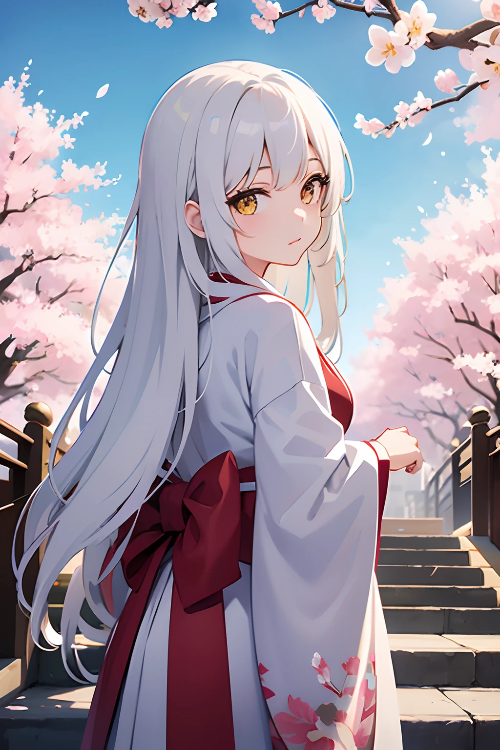masterpiece, best quality, 1girl, yellow eyes, long hair, white hair, tree, stairs, standing, kimono, sky, cherry blossoms, temple, looking at viewer, upper body, from below, looking back,