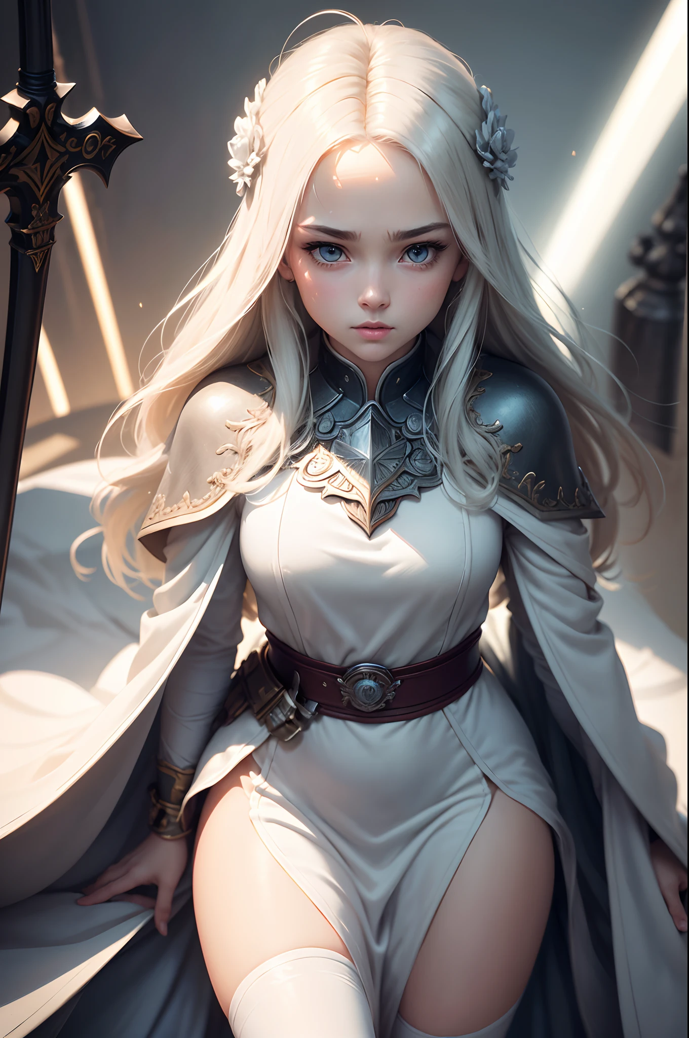 masterpiece, top-quality, movie, Official Art, Propaganda Art, Movie Wallpaper, very detailed CG unified 4k wallpaper, intricate detailes, white backgrounid, The upper part of the body, Face Focus, concept-art, production art, (, hight resolution, (realisitic, Photorealsitic:1.2), physically-based renderingt, makina, Reflectors, realisitic, Symmetrical front view close-up Headshot Eye symmetry Face Very sharp focus Realistic award winning Matte drawing Movie light 1 Boy, (illustratio: 1.1), Slimed, light skinned, delicated face, king robe, brilliance, tights, (long Brond Hair), verd s eyes, battle field, gratuity, SHINES, The sword
