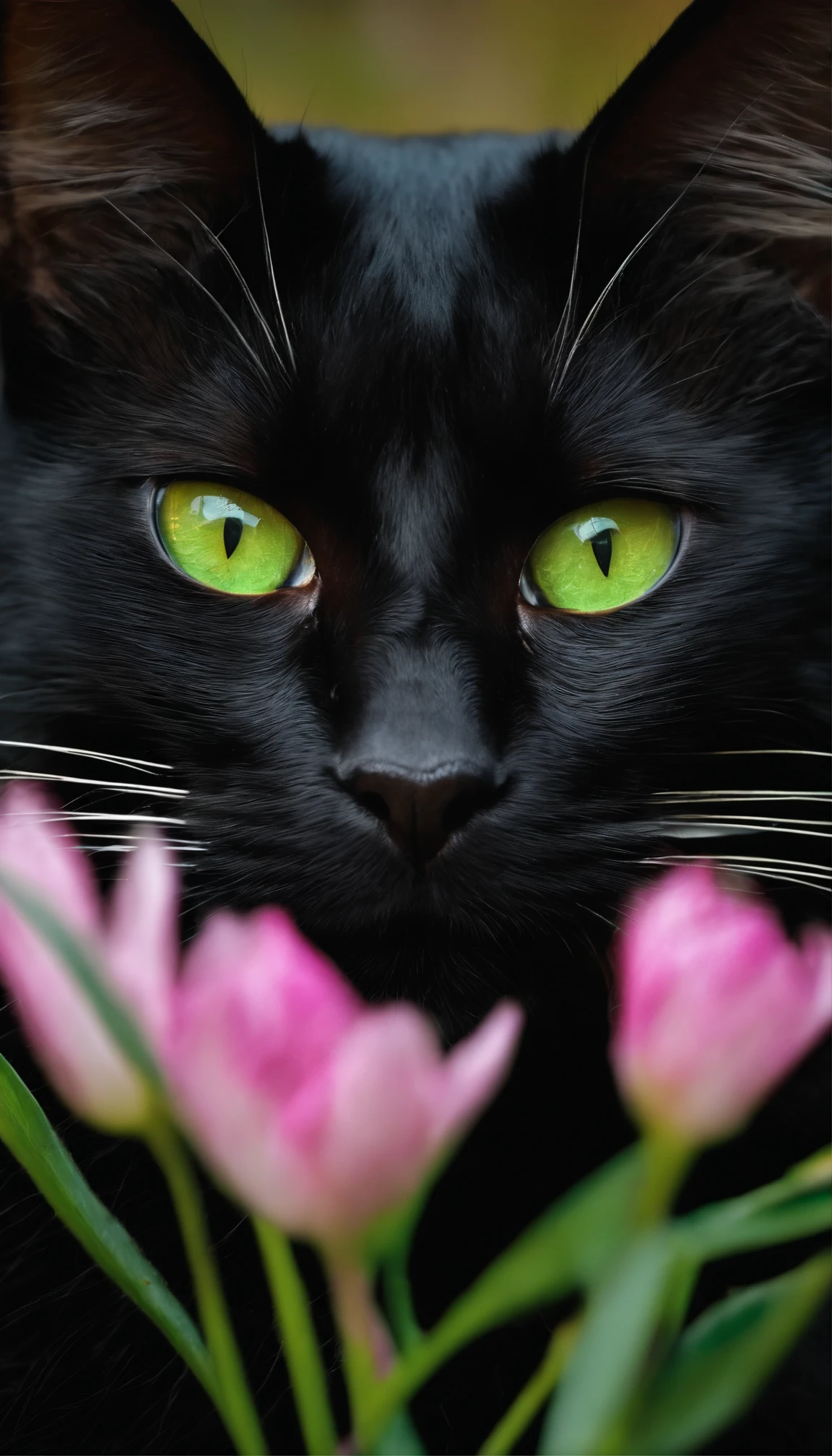 Masterpiece portrait of a black cat with vivid green eyes, fluffy fur with intricate patterns, pink nose and whiskers delicately rendered. Pointed ears perked with alertness, head cocked curiously. Soft lighting enhances the velvety textures of its shiny coat. Eyes glimmering with personality, luminous green irises sharply defined. Celebrates the mystery and allure of felines through exquisite 4K details