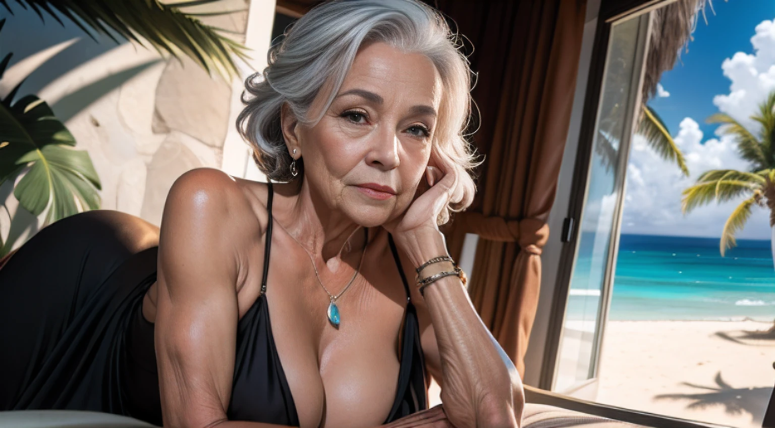 portrait of a 75-year-old woman with a bunch of grey hair on top, seductive gaze, brown eyes, a lot of wrinkles on her face, detailed wrinkles (small chest) proper eye position, soft light, hips, detailed color graded background, intricate, highly detail, octane render, HD, 8k, a house on the ocean shore, staying at beautiful villa on an island, outside the window palm trees and ocean in the background, sandy beach, tropics, evening sunset, soft sunshining, black summer dress with a pronounced neckline, small breasts, translucent dress, clear background, detailed background, ray traycing, soft shadows