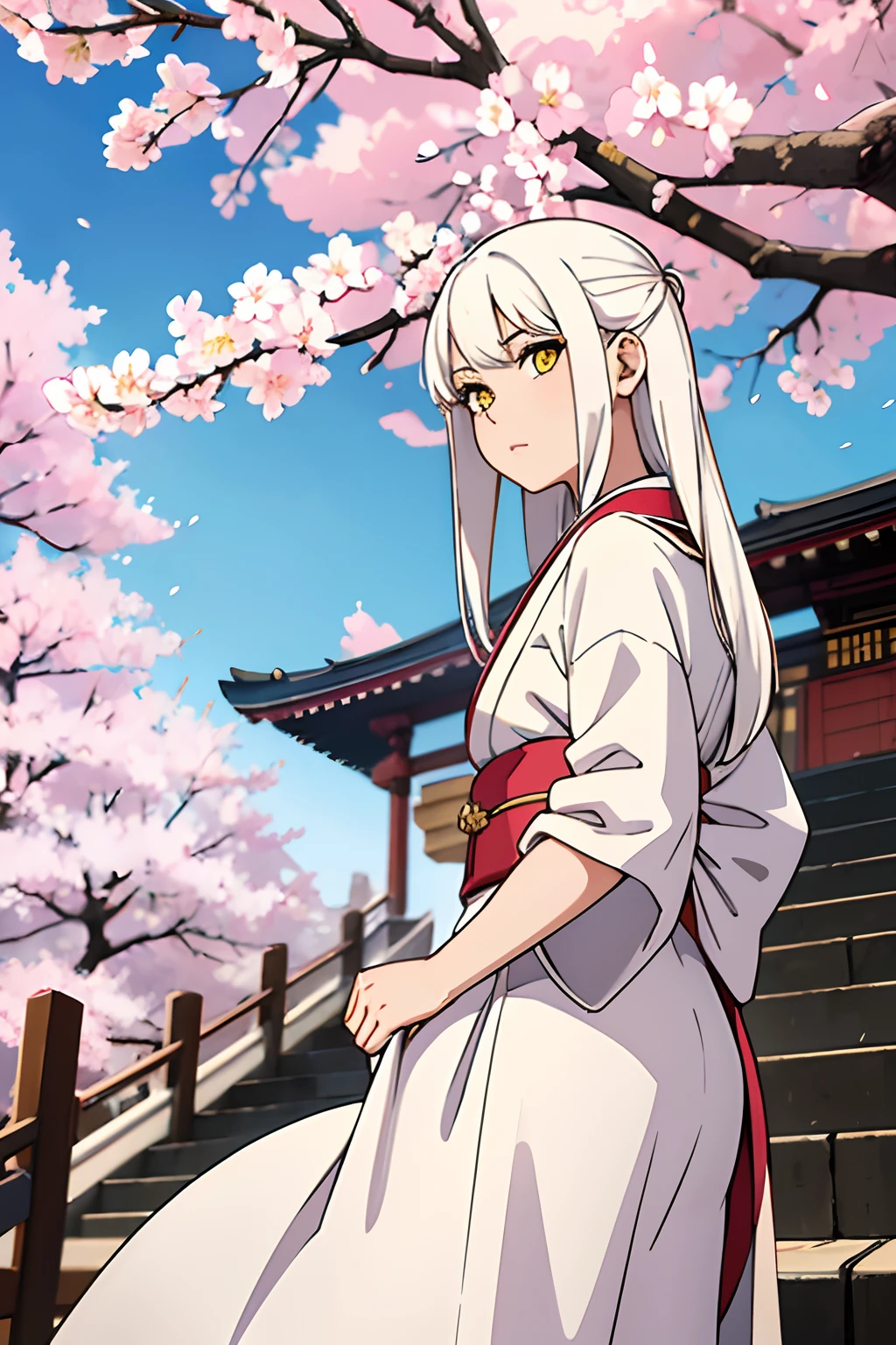 masterpiece, best quality, 1girl, yellow eyes, long hair, white hair, tree, stairs, standing, kimono, sky, cherry blossoms, temple, looking at viewer, upper body, from below, looking back,