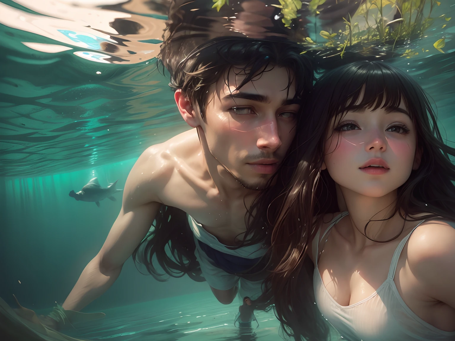 In the middle of water , cute couples realistic beautiful girl and handsome boy