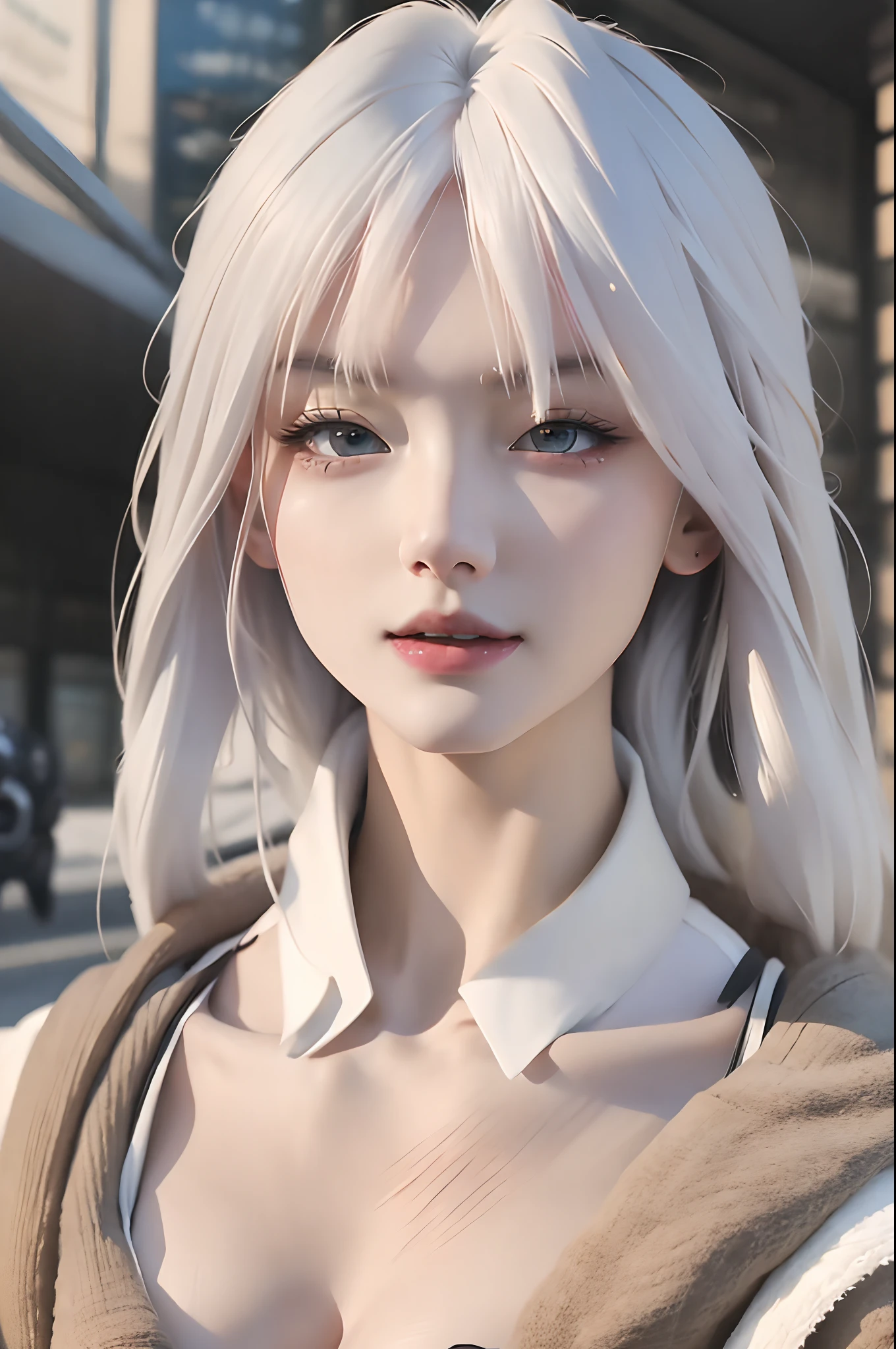 top-quality,8k,tmasterpiece,Beautuful Women,Slender abs,white color hair,Super detailed face,s the perfect face,Highly Detailed Lips,Detailed eyes,二重まぶた,photographrealistic
