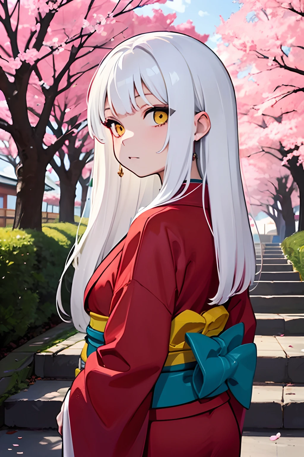 masterpiece, best quality, 1girl, yellow eyes, long hair, white hair, tree, stairs, standing, kimono, sky, cherry blossoms, temple, looking at viewer, upper body, from below, looking back,