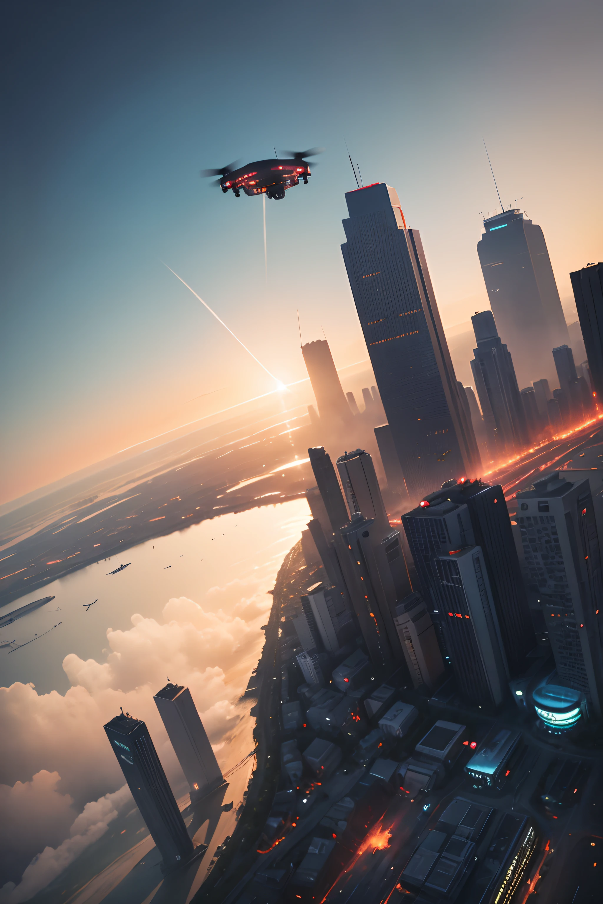 Drones fly in the air,The background is the city,Sci-fi sense