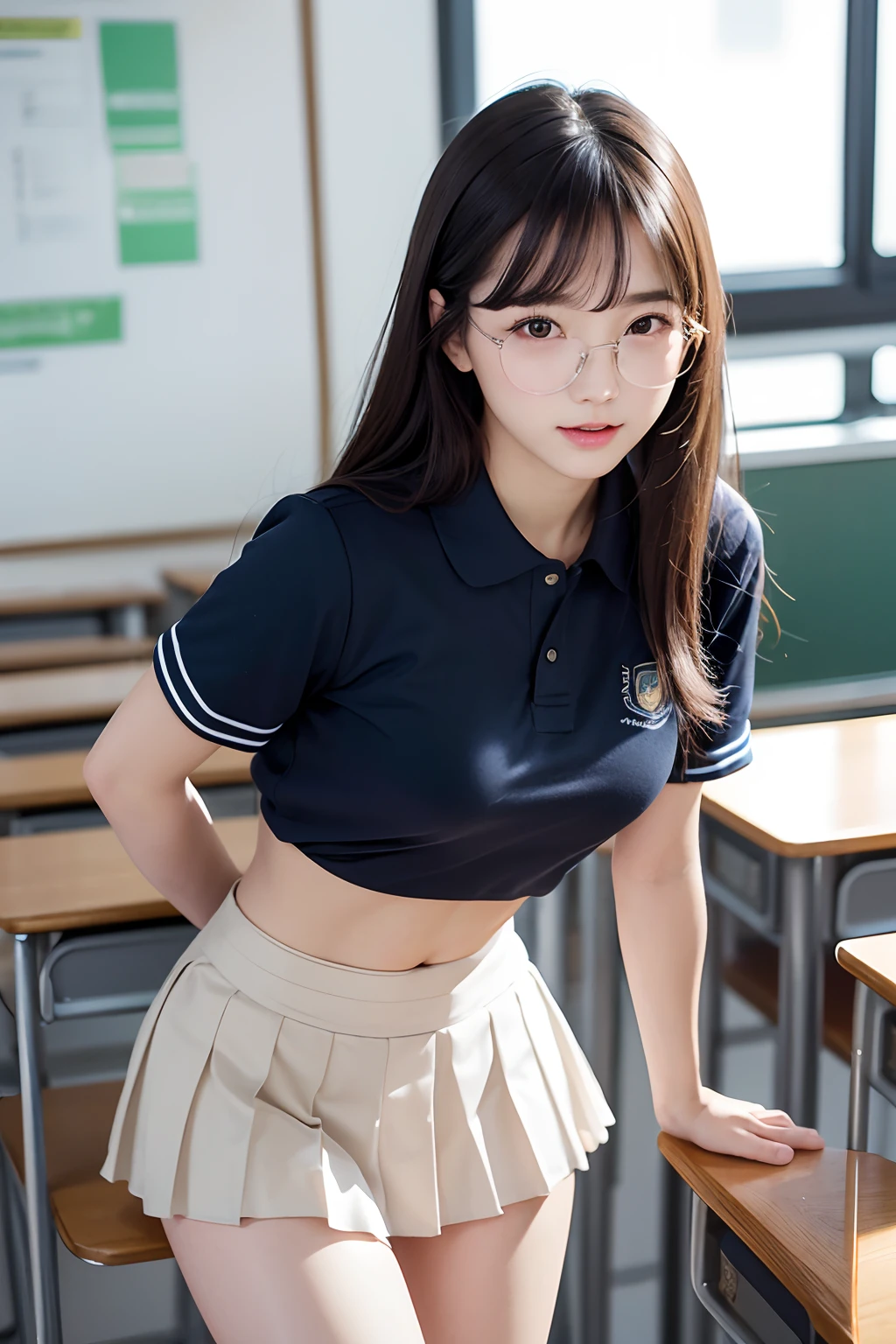 Best Quality Detail:1.2, realisitic, 8K UHD, hight resolution, 1girl in:1.2, The ultra-detailliert, High quality textures, intricate detailes, detaileds, Very detailed CG, High quality shadows, Detail Beautiful delicate face, Detail Beautiful delicate eyes, depth of fields, Ray traching, Women over 24 years old, Pretty Kpop Girl, Korean Urzan Face:1.1, Slender face, ulzzang -6500-v1.1:0.6, pureerosface_v1, gloweyes, teak, Glossy lips, perfectbody、((Wearing a high school uniform))、Very very cute face、wears glasses、(YDark blue mini pleated skirt on shirt、Underwear under clothes、、panties on)、fascination pose、posterior view、Turning around、Beautiful butt、((Skirt flipping in the wind、She exposes her panties.:1.2,)),Crisp focus:1.2,Cute woman with perfect body shape:1.4,The best smile,,Cameltoe、Photorealsitic:1.4, ultra-detailliert, photos realistic, Full Color RAW Photos, Fuji Film(Medium format:1.2), Hasselblad:1.2, Carl zeiss:1.1, Incredible dynamic range photography(UTIL_Art by Smoose-768:1.1), hight resolution, High pixel count, clear details, crisp image, Natural color reproduction, Noise Reduction, High fidelity, qulity, Software Improvements, Upscaling, Optimized algorithms, Pro-level retouching、(((school classrooms)))