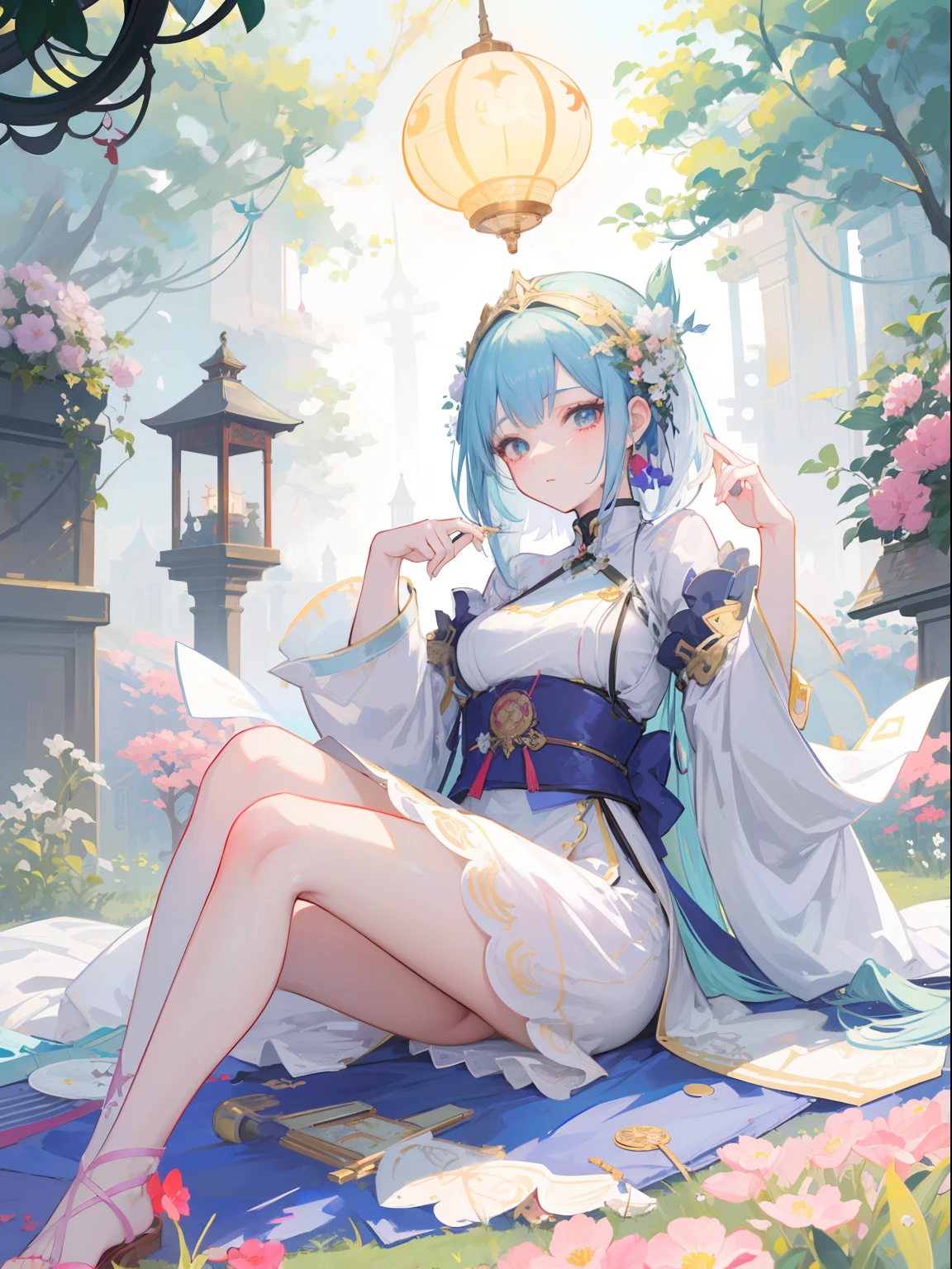 streetwardrambler,1girl,sitting,outdoors,garden,
 <lora:StreetwardRamblerMadamePingV1[streetwardrambler]:1>,east asian architecture, cowboy shot,