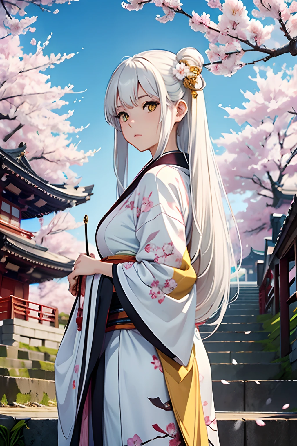 masterpiece, best quality, 1girl, yellow eyes, long hair, white hair, tree, stairs, standing, kimono, sky, cherry blossoms, temple, looking at viewer, upper body, from below, looking back,